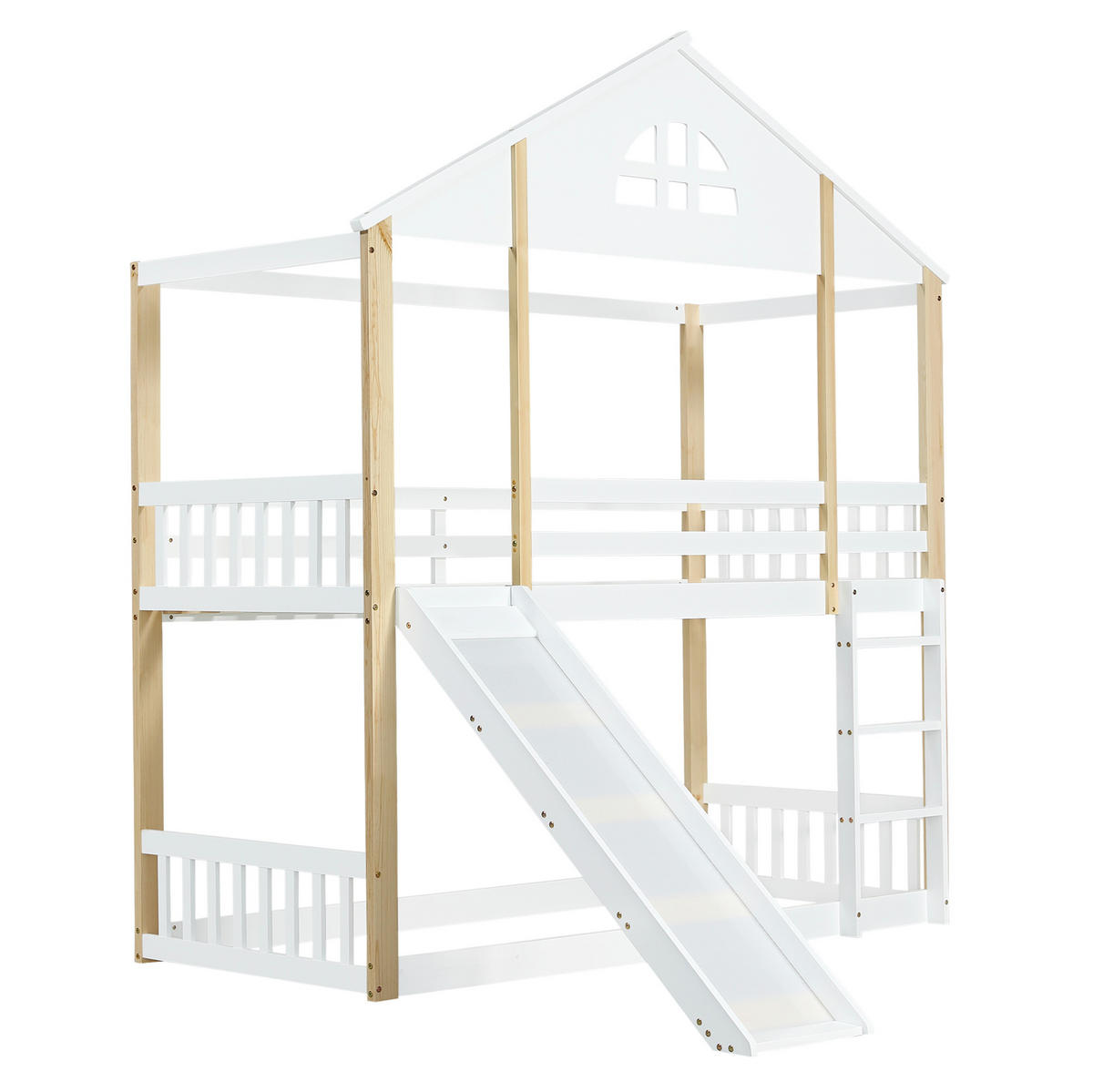 HAUSBETT 90/200 cm Weiß/Natur mit Rutsche und Treppe - Weiß, Holz (90/200cm) - Flora Grace
