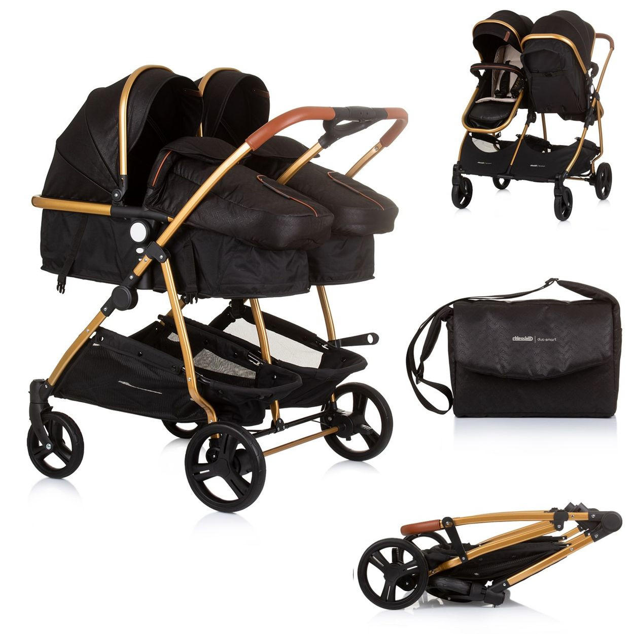 GESCHWISTERKINDERWAGEN Duo Smart schwarz klappbar, umbaubar, verstellbar, Fußsack - Schwarz, Metall (80/75/104cm) - Chipolino