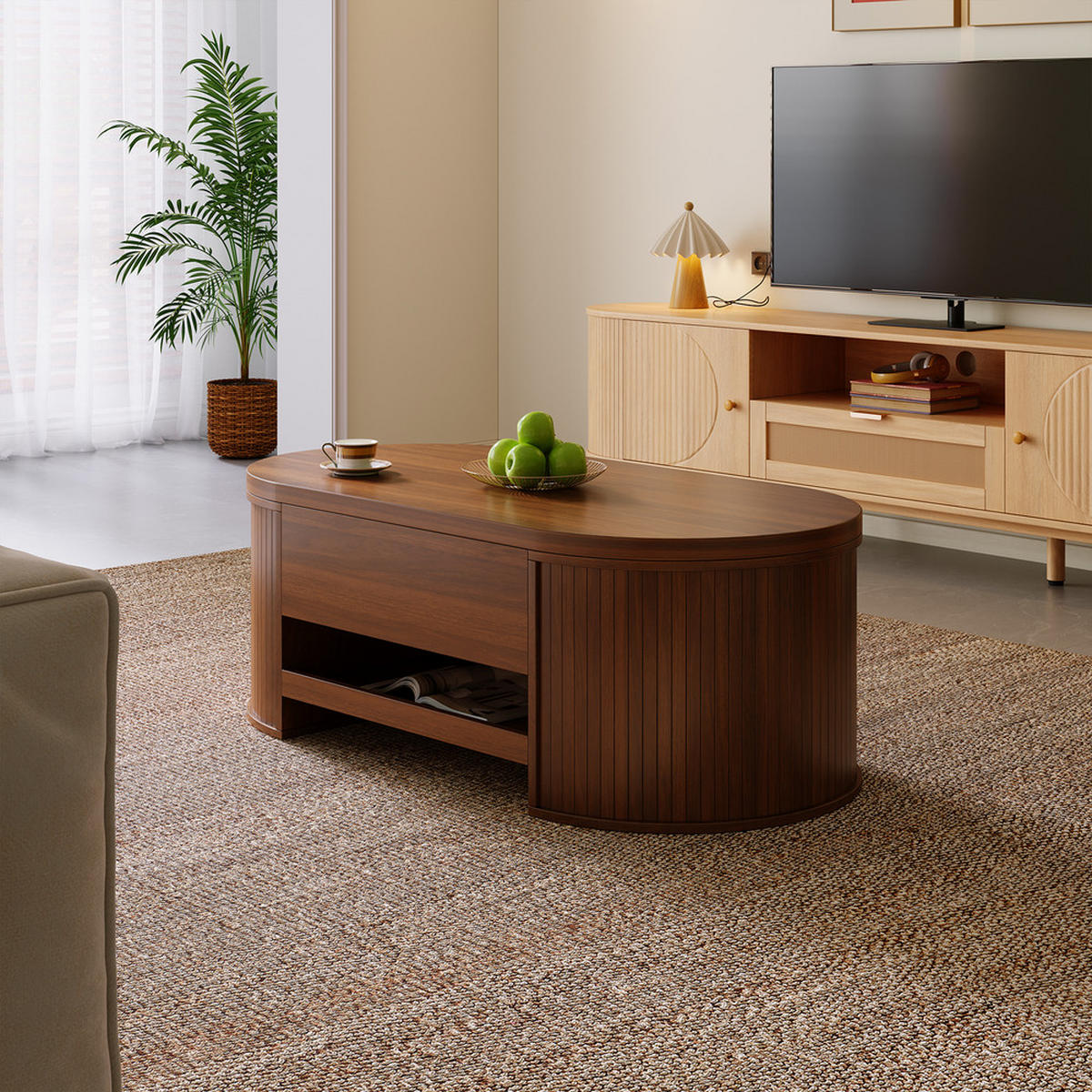 COUCHTISCH Anhebbar Walnussoptik Gebogene Holzseiten Ausziehbares Regal - Braun, Holz (125.1/60.96/14.61cm) - FLIEKS