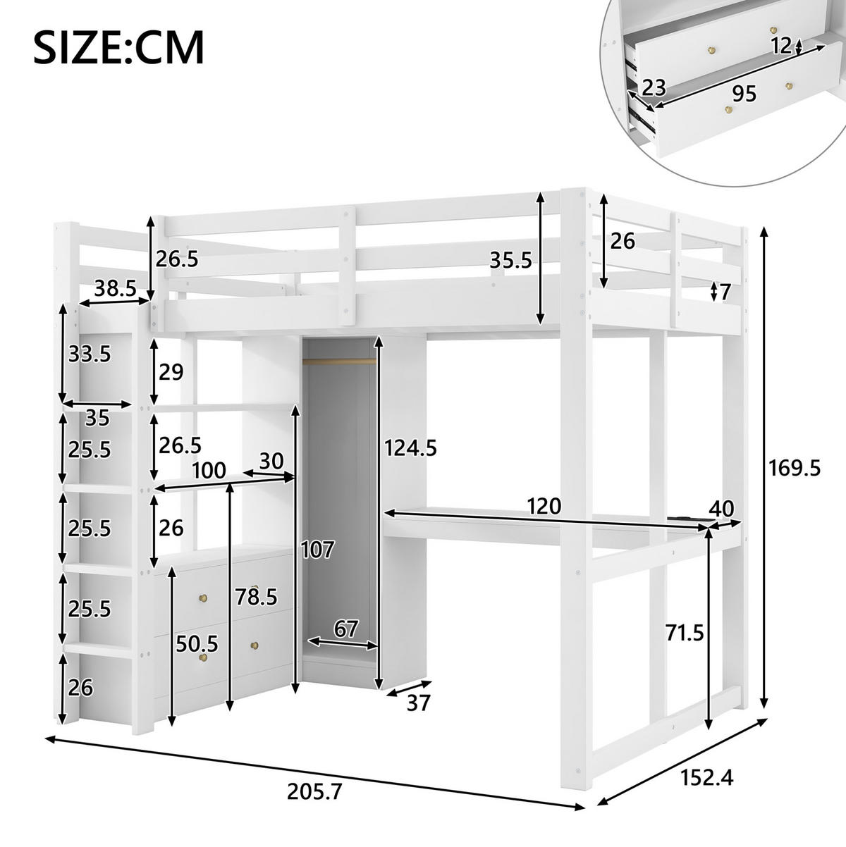 HOCHBETT 140/200 cm aus Kiefernholz und MDF mit Schreibtisch und LED-Beleuchtung Weiß - Weiß, Holz (140/200cm) - Modenvie