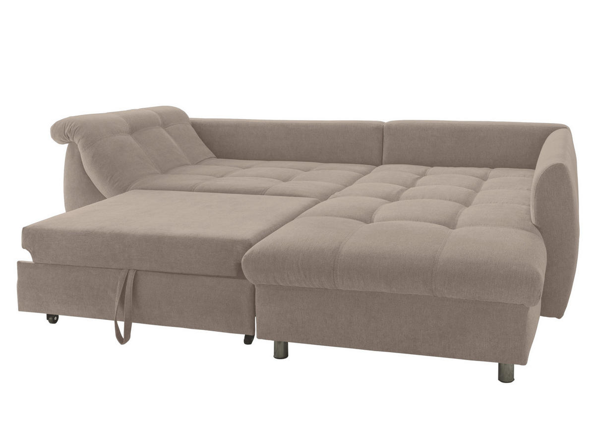 ECKSOFA mit Schlaffunktion, Bettkasten, Wellenunterfederung, Ottomane rechts B250/T190/H84 cm, Liegefl. 179x190 cm, Mikrofaser Hellbraun / 17009 - Hellbraun/Chromfarben, Textil/Metall (250/190cm) - luma-home