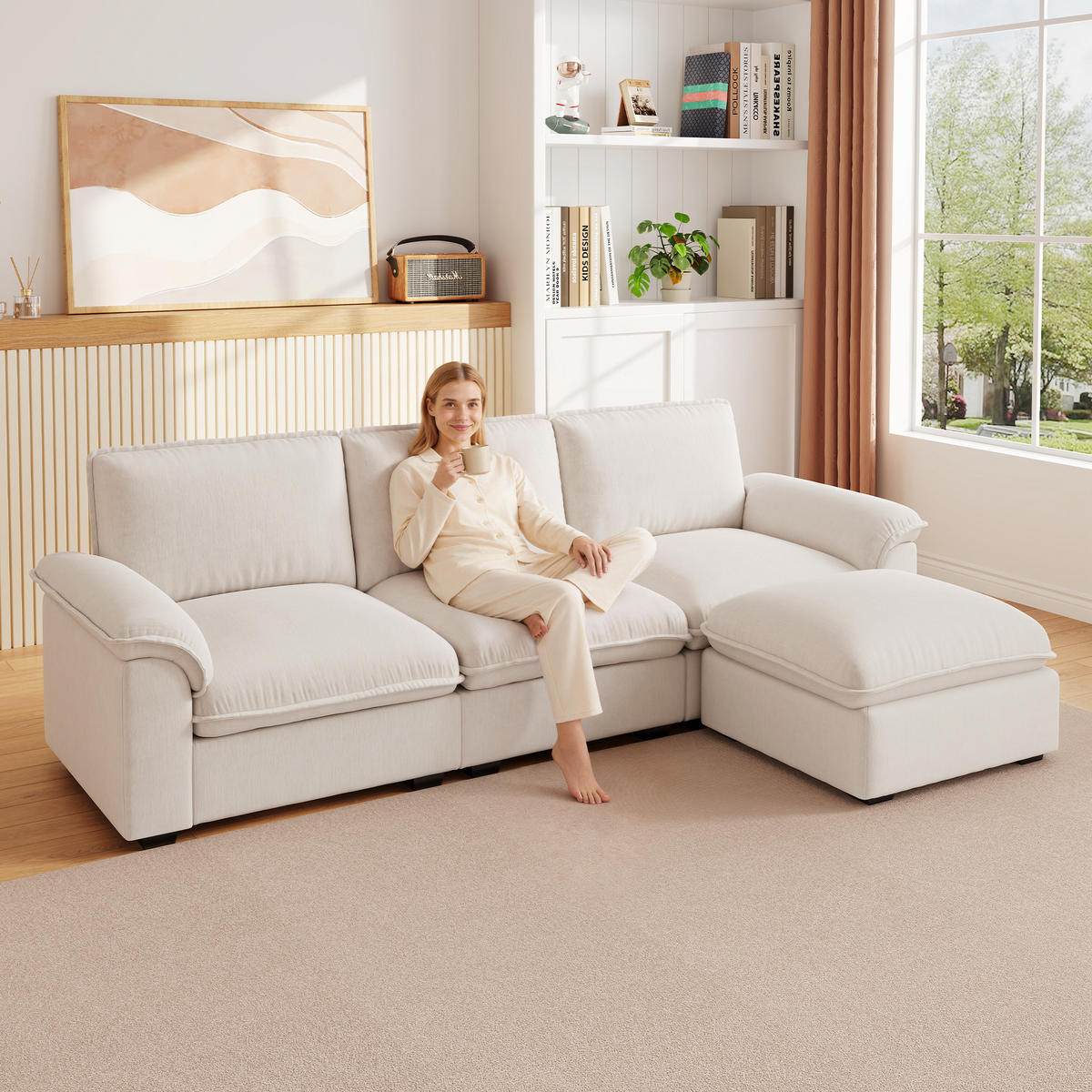 ECKSOFA 260/154/86 cm Beige mit Ottomane und Armlehnen - Beige, Textil (260/154cm) - Oxeza