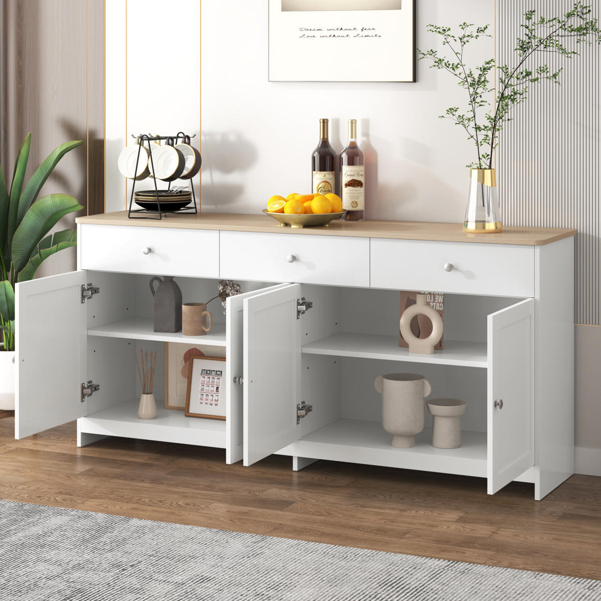 SIDEBOARD 160/37/75 cm aus MDF mit 3 Schubladen und verstellbaren Einlegeböden Weiß/Holzfarben - Weiß, Holzwerkstoff (160/75/37cm) - Modenvie
