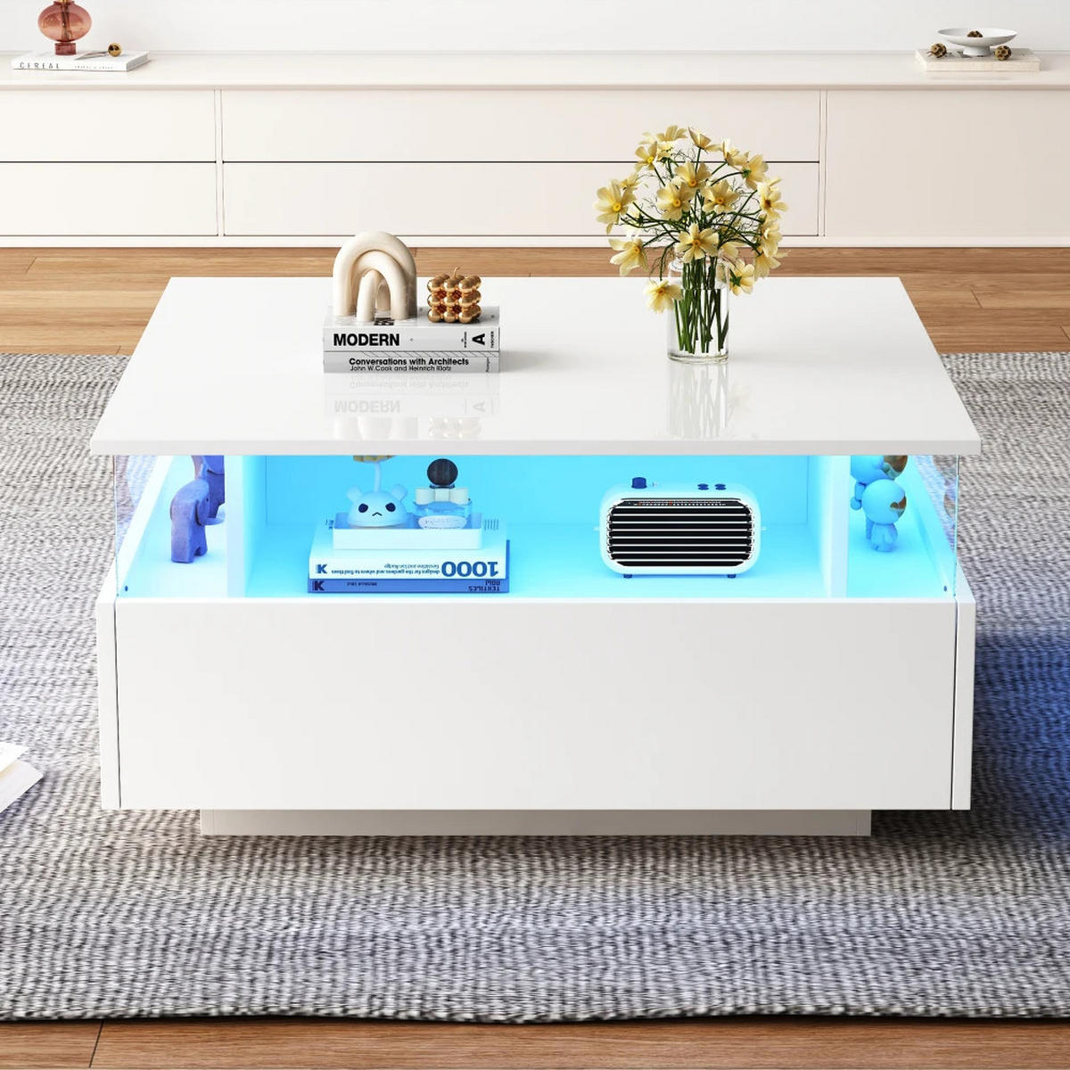 COUCHTISCH LED Hochglanz 70/70/41 cm 2 Schubladen Weiß - Weiß, Holz (70/70/41cm) - Kaket