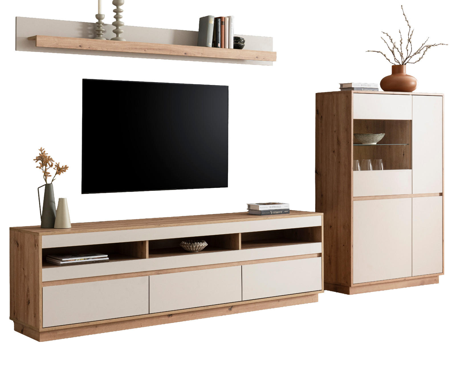 WOHNWAND Kaschmir, Artisan Eiche 292 cm 3-teilig, Schrankwand mit Soft-Close - Kaschmir/Eiche Artisan, Glas/Holzwerkstoff (292/170/45cm) - Furn.Design