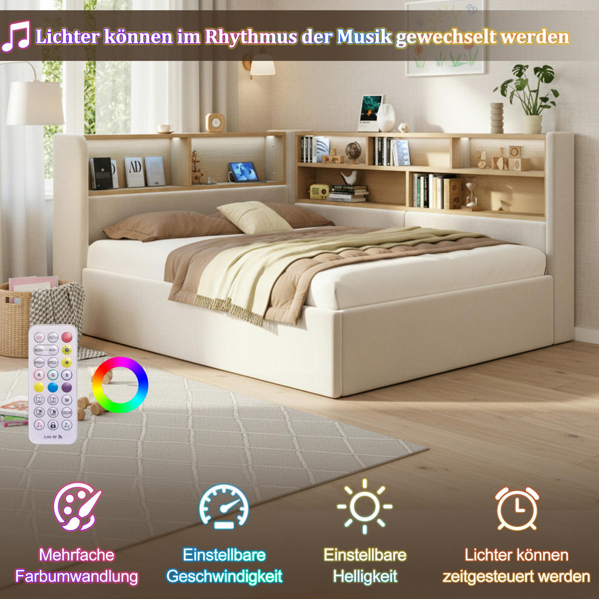 POLSTERBETT aus Samt 140x200 cm Beige mit hydraulischem Stauraum, LED-Beleuchtung und USB-/Type-C-Anschlüssen - Beige, Textil (140/200cm) - Modfu