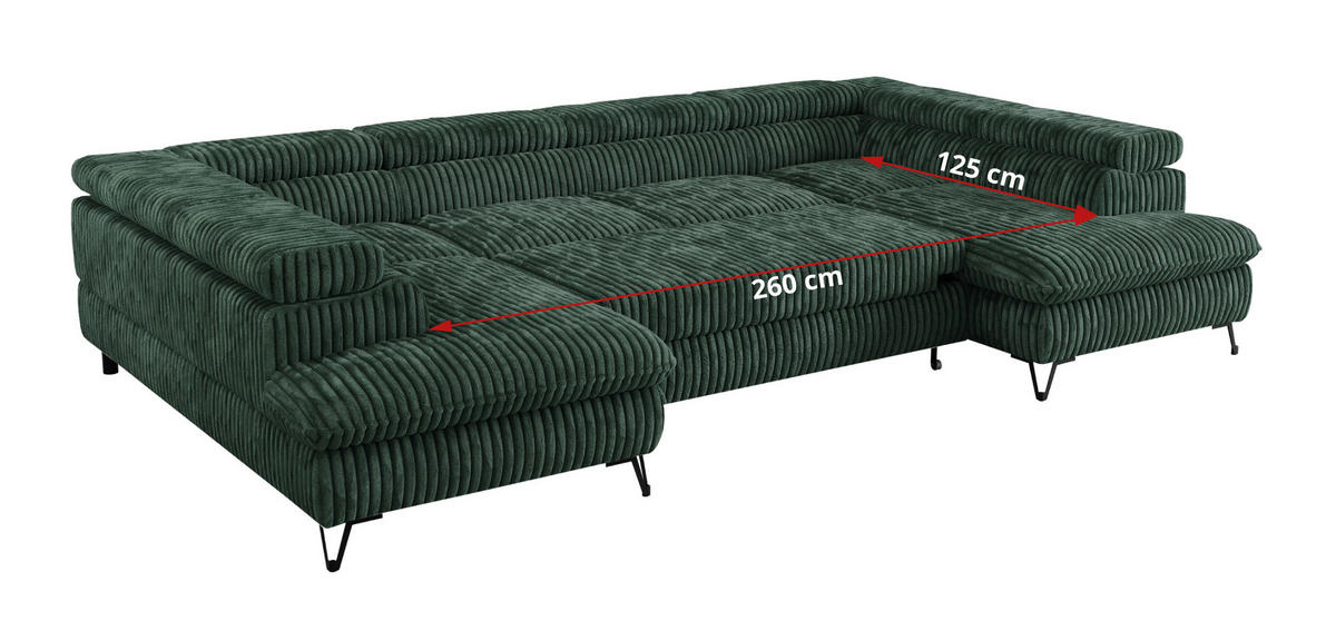 WOHNLANDSCHAFT PETER U Cord Grün - Schwarz/Grün, Textil/Metall (346/76/208cm) - MKS