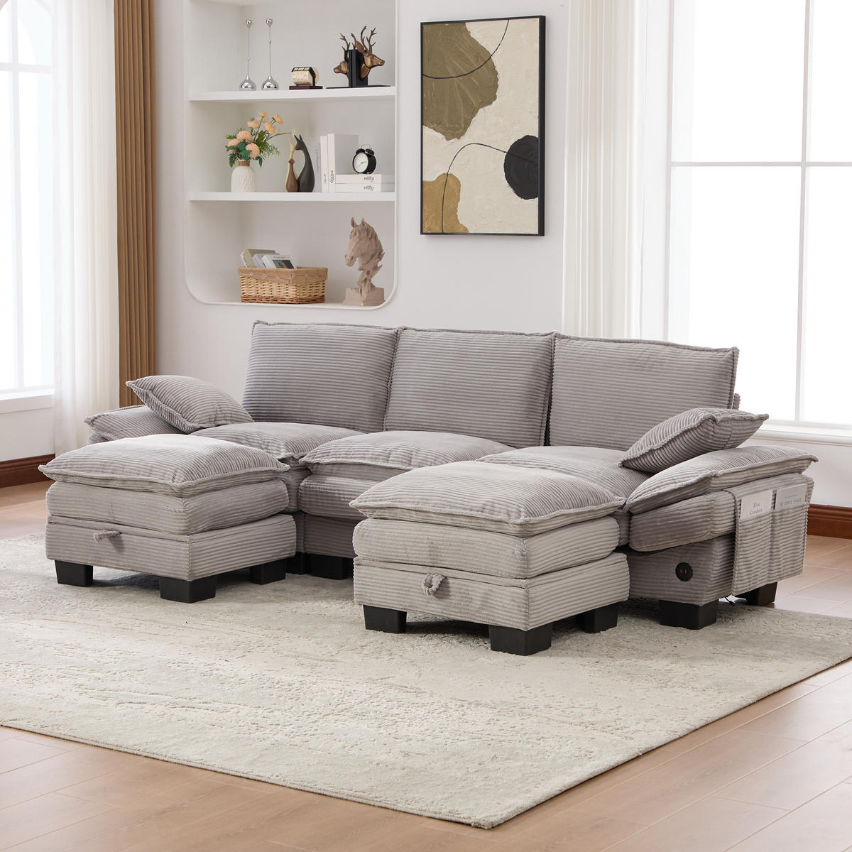 WOHNLANDSCHAFT Cord Hellgrau mit USB-C, Seitentaschen und mit 2 Hocker - Hellgrau, Holzwerkstoff/Kunststoff (260/84/132cm) - WISHDOR