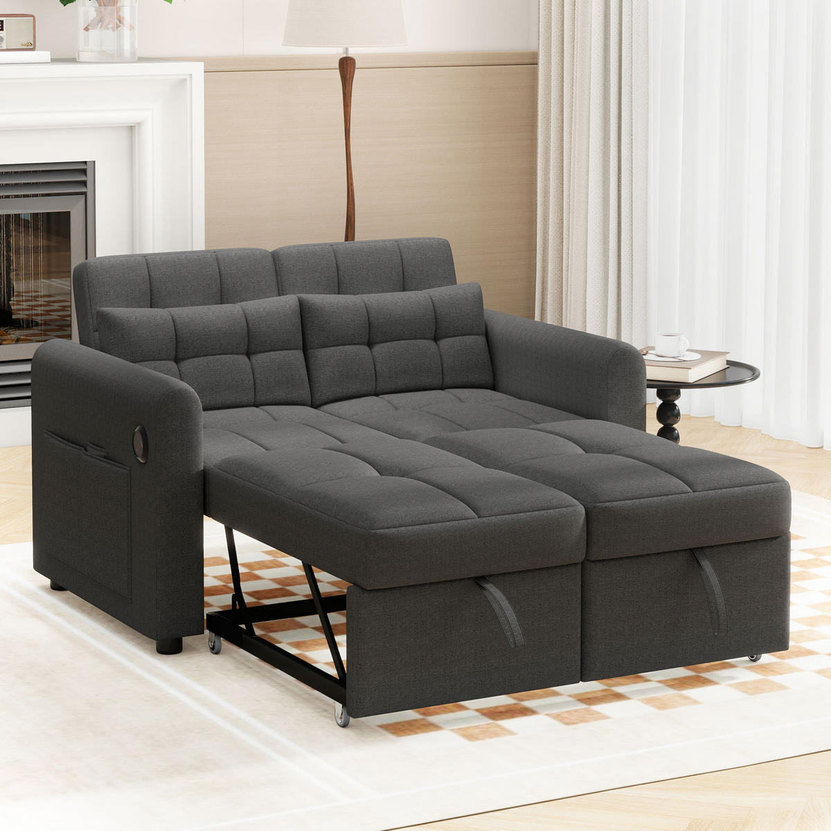 SCHLAFSOFA 3-in-1 mit USB, Armlehnentaschen und Kissen - Grau, Textil (142/83/85cm)