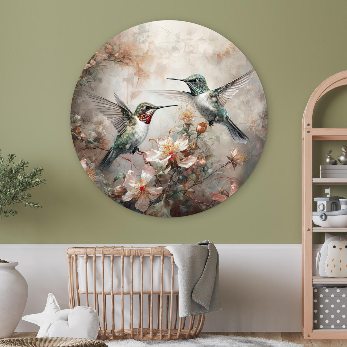 WANDBILD Kolibri - Vögel - Blumen - Pflanzen 120x120 cm - Hellgrün, Kunststoff (120/120cm) - MuchoWow