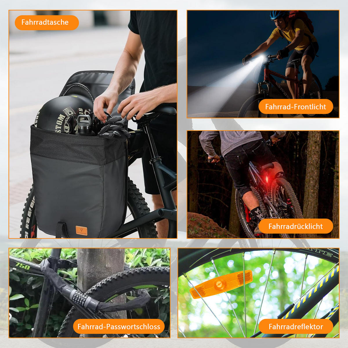 FAHRRADZUBEHÖR Set 5in1, LED-Licht, Gepäckträgertasche & Kettenschloss - Schwarz, Textil (17/39/35cm)