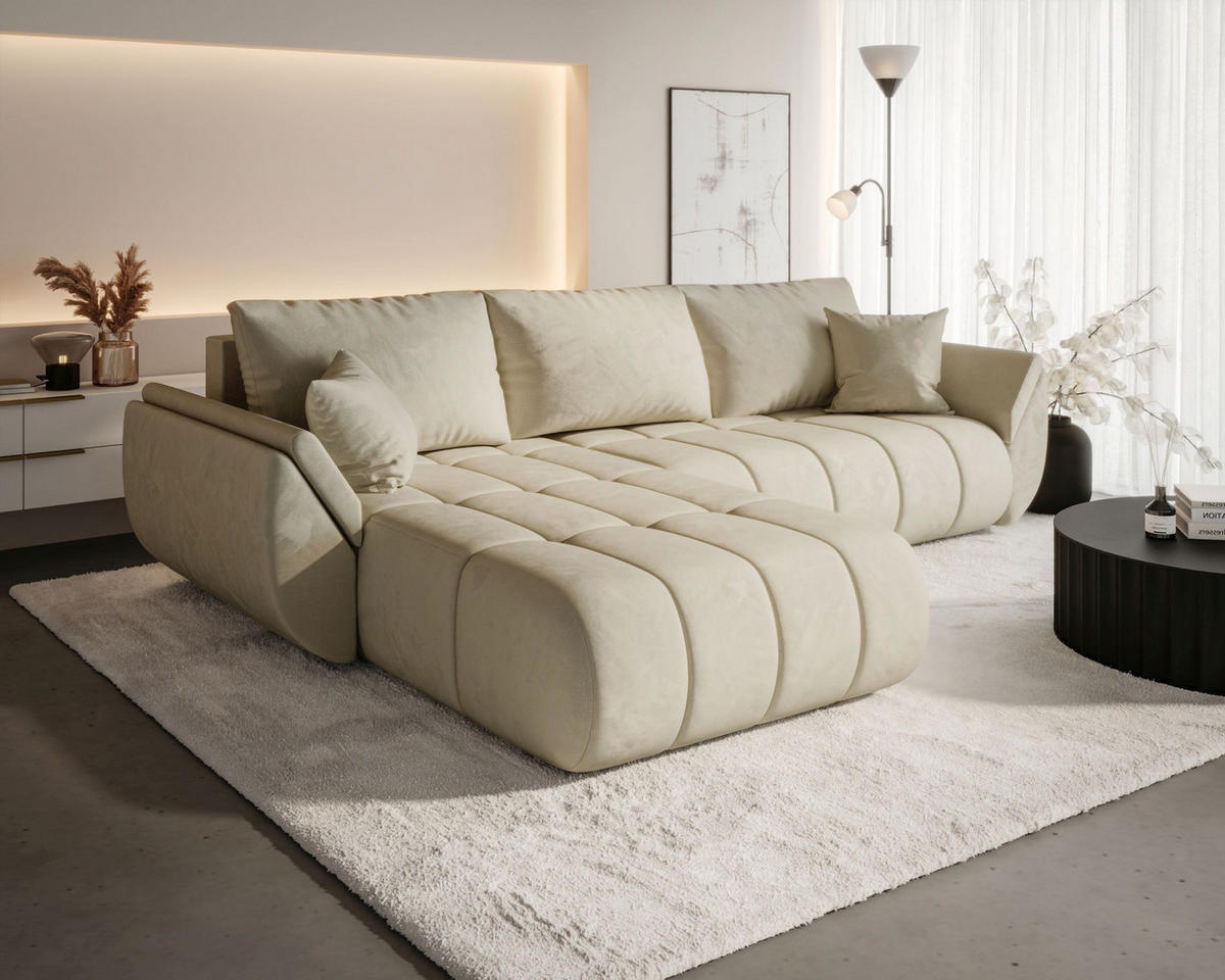 ECKSOFA SYDNEY PREMIUM links beige Velours Monolith 2 - Schlaffunktion, Bettkasten - Beige, Textil (280/184cm) - Cornero