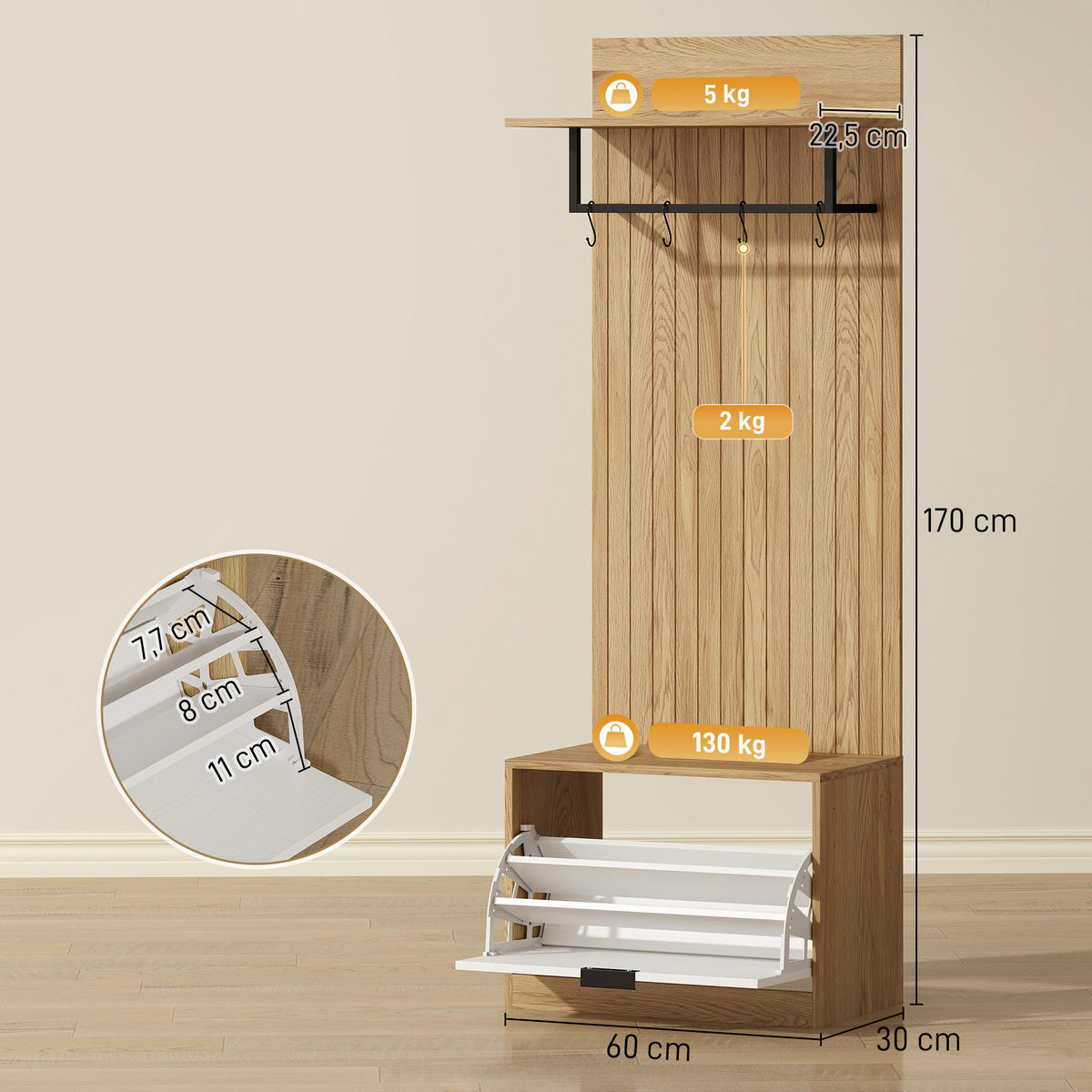 GARDEROBE DE-17895 5-in-1 mit klappbarer Schuhbank Eiche - Eichefarben, Holzwerkstoff (30/170/60cm) - ComfortXL