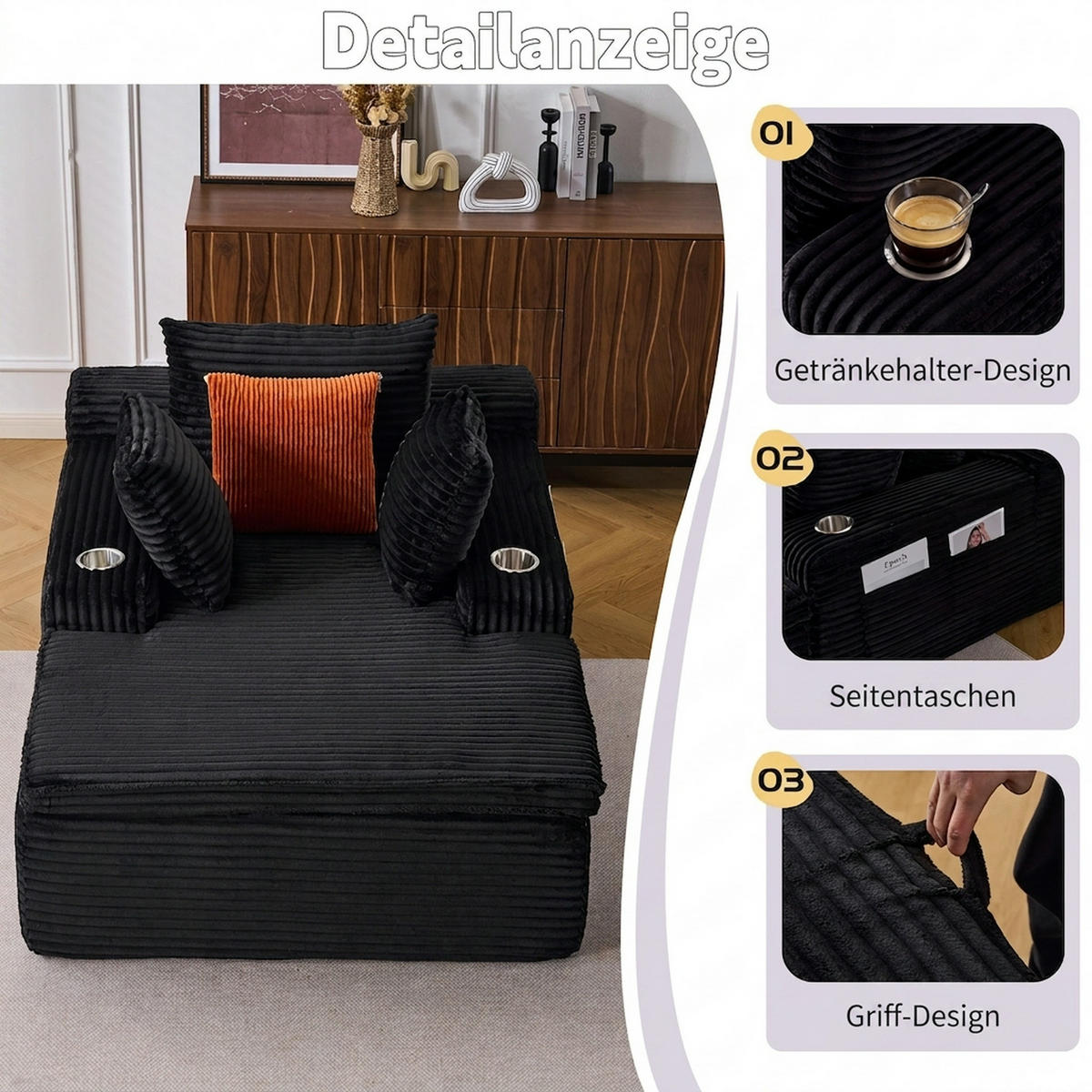 SCHLAFSOFA 165/112/63 cm Schwarz mit Chaiselongue, 3 Kissen und 1 Decke - Schwarz, Textil (112/63/165cm) - Oxeza