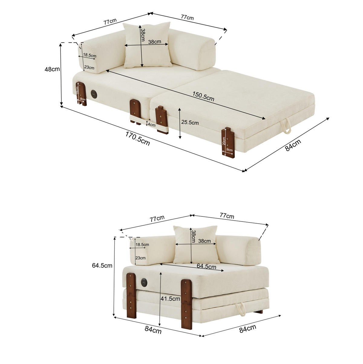 SCHLAFSOFA mit Schlaffunktion, USB- und Type-C-Anschluss, Stauraum und Seitentaschen, Beige - Beige, Textil (84/48/170.5cm) - Redom