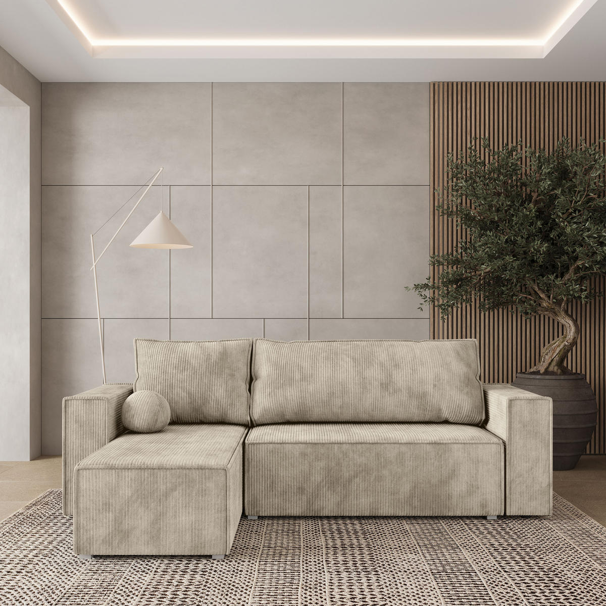 ROHOVÁ SEDAČKA RAVELO krémová - šedá/krémová, dřevo/textil (240/140cm) - MASSENO