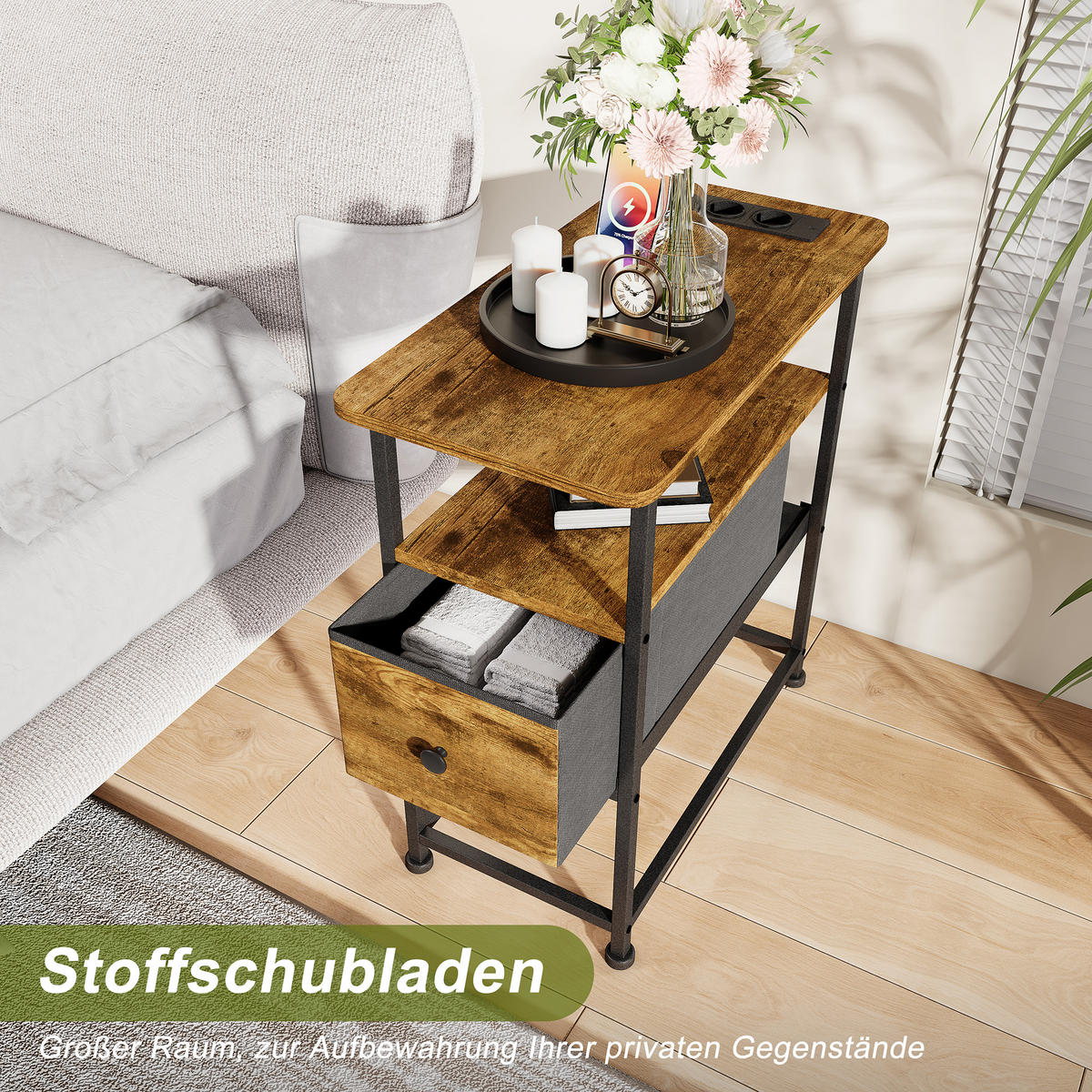 NACHTTISCH LED USB Schublade offene Fächer Tigerstreifen - Naturfarben, Holz (60/62/30cm) - LEBENLANG