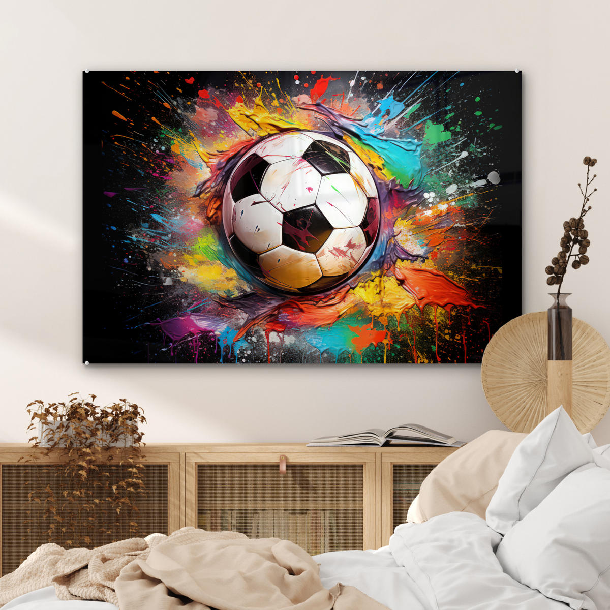 ACRYLGLASBILD Fußball - Farbe - Farben - Schwarz - Weiß 120x80 cm - Weiß, Glas (120/80cm) - MuchoWow