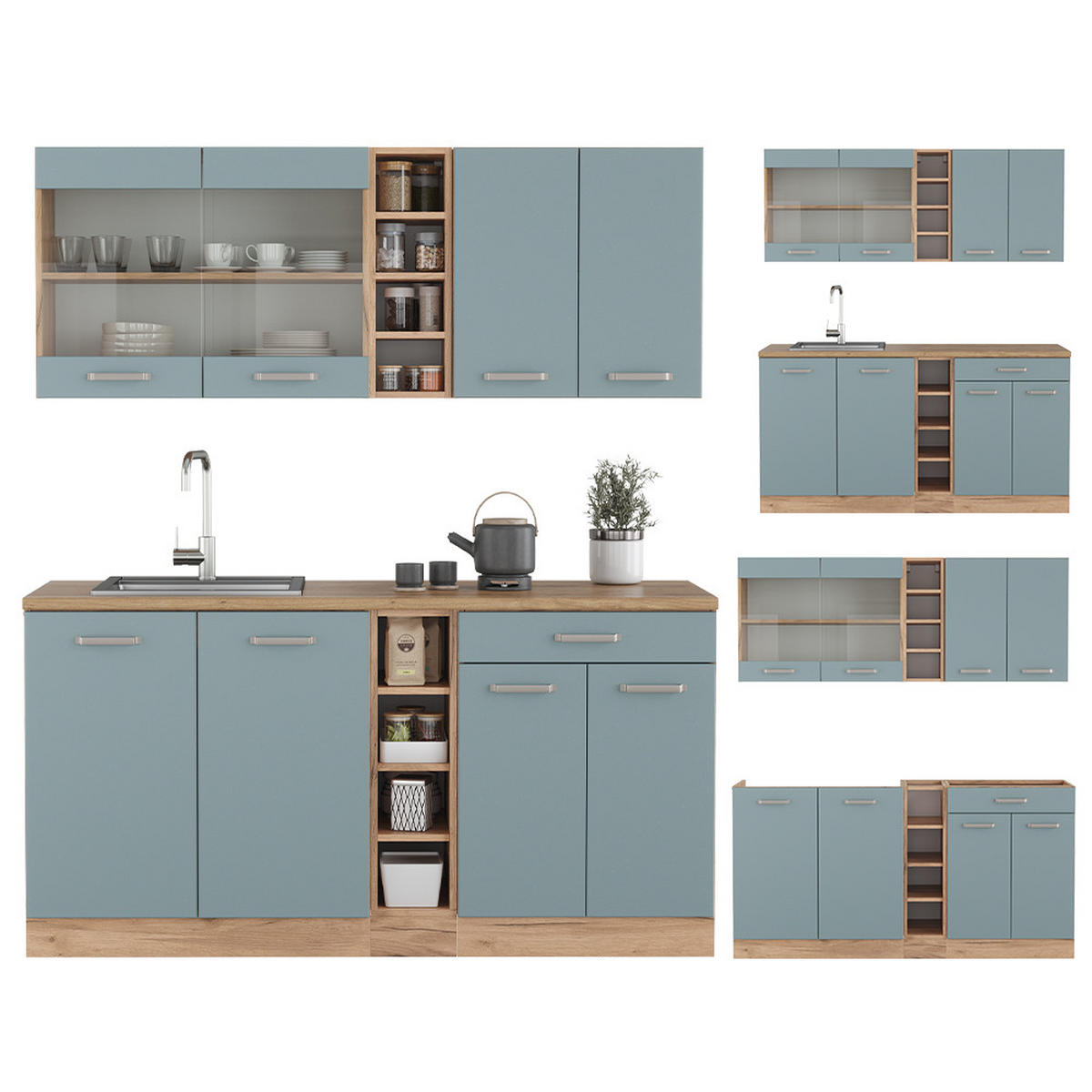 SINGLEKÜCHE KÜCHE R-Line Blau-Grau/Goldkraft Eiche 160 cm ohne AP - Eiche Wotan/Blaugrau, Holzwerkstoff (160/81.6/46cm) - Vicco