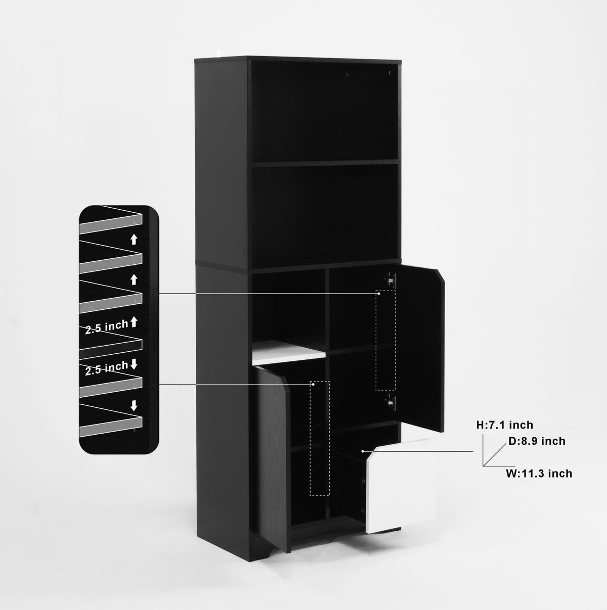 BÜCHERREGAL 60/35/160 cm mit 2 offenen Fächern, Tür und Schubladen aus Holzwerkstoff, Schwarz/Weiß - Schwarz, Holzwerkstoff (60/160/35cm) - Redom