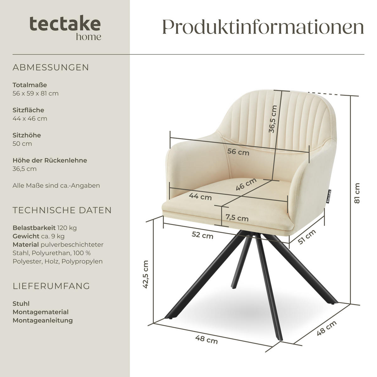 DREHSTUHL Lona 56 x 59 x 81 cm crème/schwarz - Creme/Schwarz, Textil (56/81/59cm) - tectake