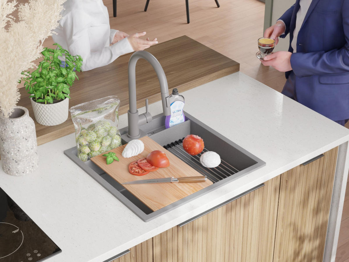 GRANITSPÜLE Bergen Pocket, 2-er set Grau 56/54 cm 1 Becken + Küchenarmatur 38/14 cm + Ablauf-Set + Küchenzubehörset ab 60er Unterschrank - Chromfarben/Beige, Kunststoff (56/20/54cm) - Primagran