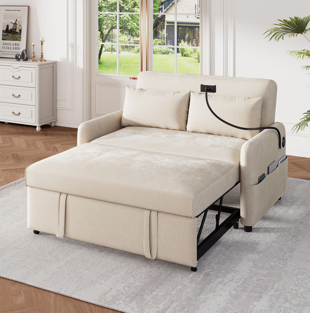 SOFA od chenille tkanine, 129/163/81 cm bež, na razvlačenje s USB-om - bež, tekstil (129/81/76cm) - BEAOK