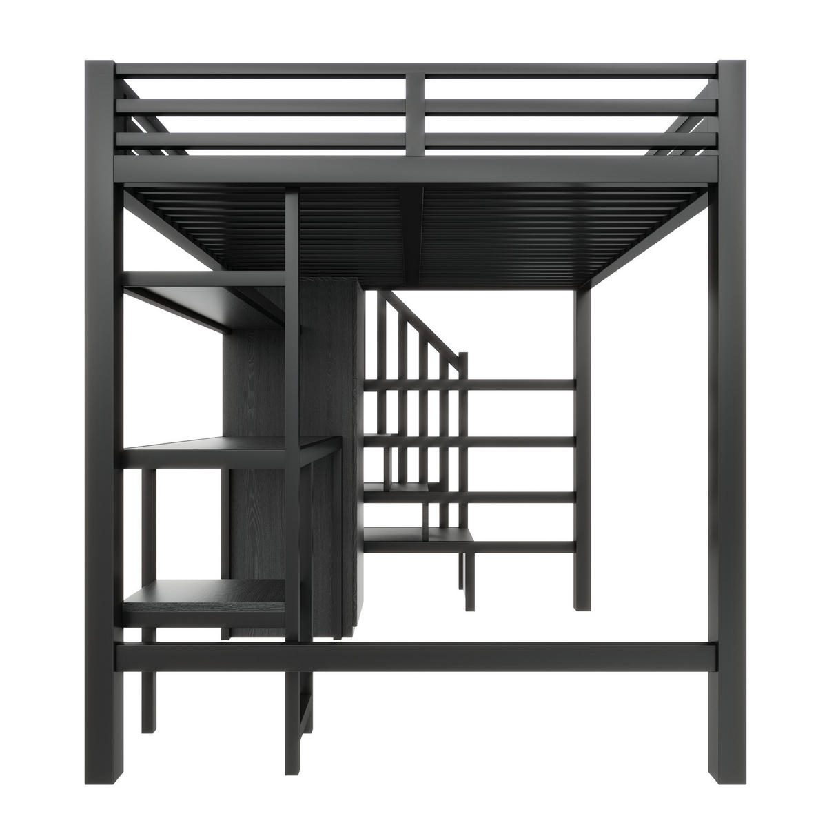 HOCHBETT 140/200 cm in Schwarz mit Schreibtisch, Kleiderschrank, Regal und LED - Schwarz, Holzwerkstoff/Metall (140/200cm) - STILVORA