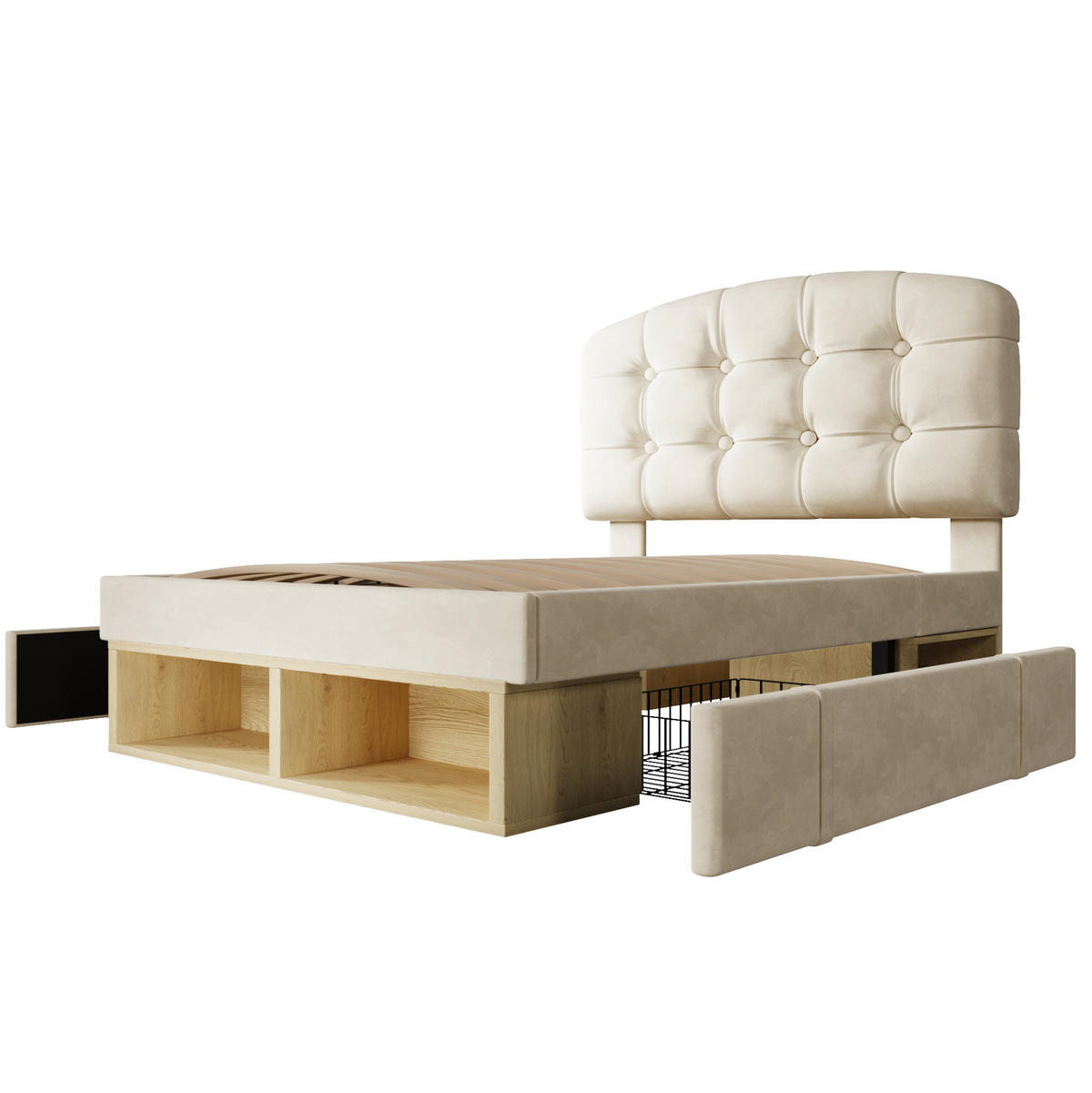 BETT mit Stauraum und Schubladen 90x200 cm Samt Beige - Beige, Metall (90/200cm) - Meubliv