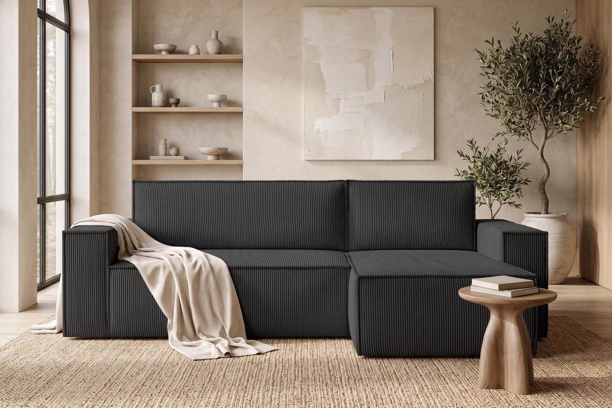 ECKSOFA-LINKS/RECHTS NAPI Schlaffunktion mit Cordbezug, dunkelgrau - Dunkelgrau/Schwarz, Textil (262/148cm) - KONSIMO®