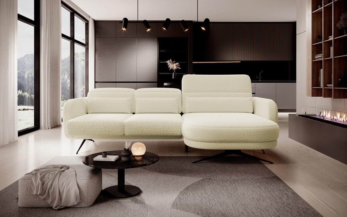 ECKSOFA Barillo – Verstellbare Rückenlehne, Stahlfüße, Elegante Armlehnen, Drei Rückenkissen, Freistehend, 261x170x97 cm – Rechte, Platin - Platinfarben, Holz/Textil (261/170cm) - DomoHome