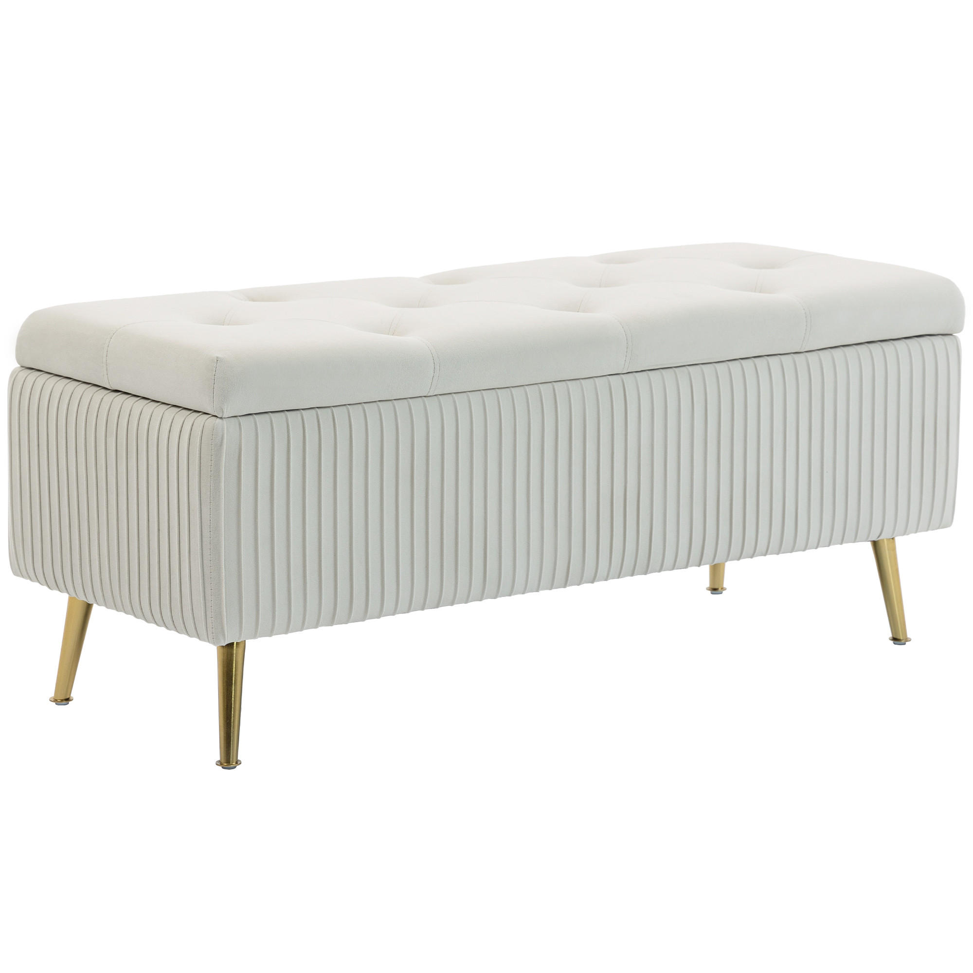 SITZTRUHE Mehrschichtholz Schaumstoff Samt Eisen Cremeweiß - Goldfarben/Creme, Textil/Metall (44.5/46/110cm) - HOMCOM