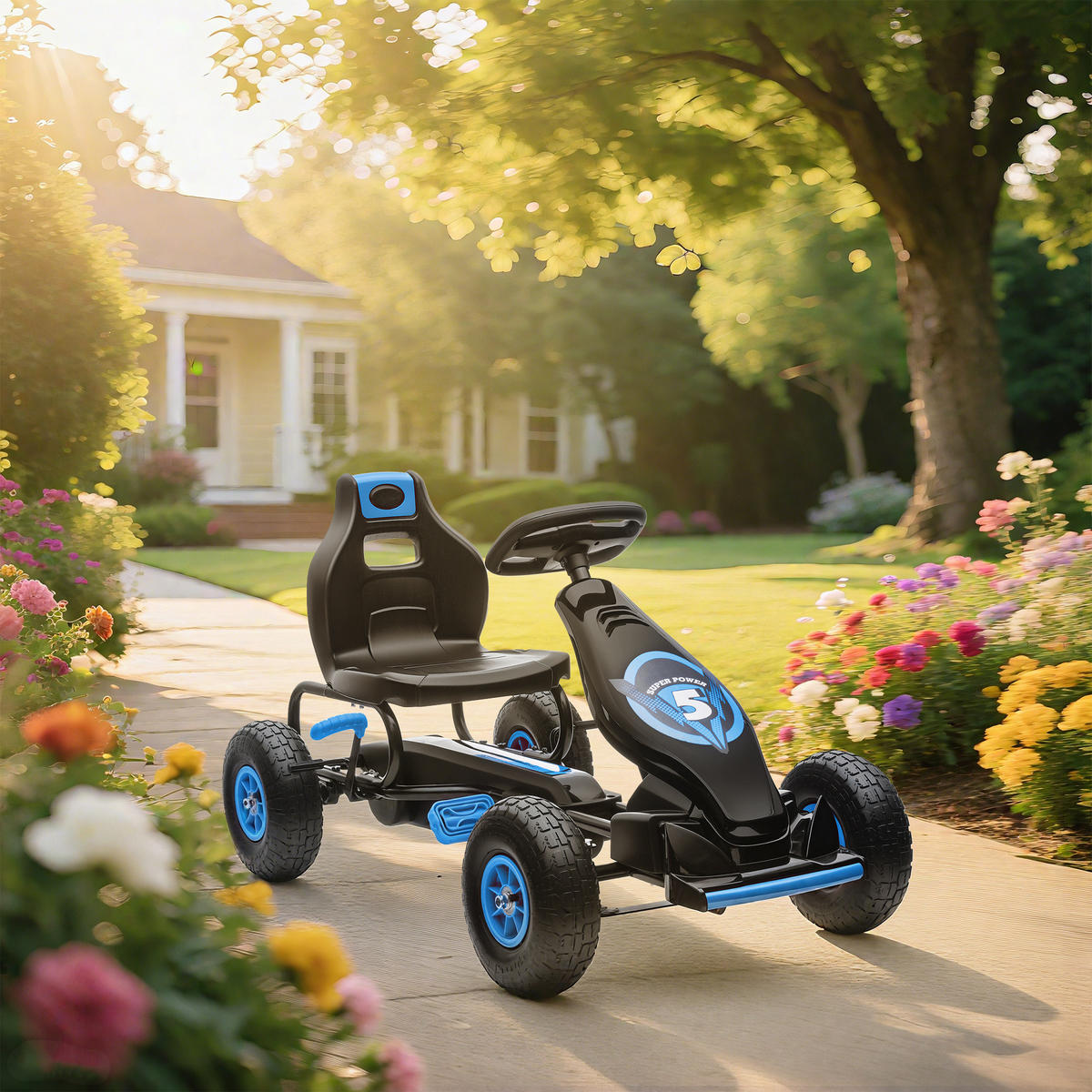 KINDER-GOKART DE-06114 mit Pedalen und verstellbarem Sitz Blau/Schwarz - Blau/Schwarz, Kunststoff/Metall (121/58/61cm) - ComfortXL
