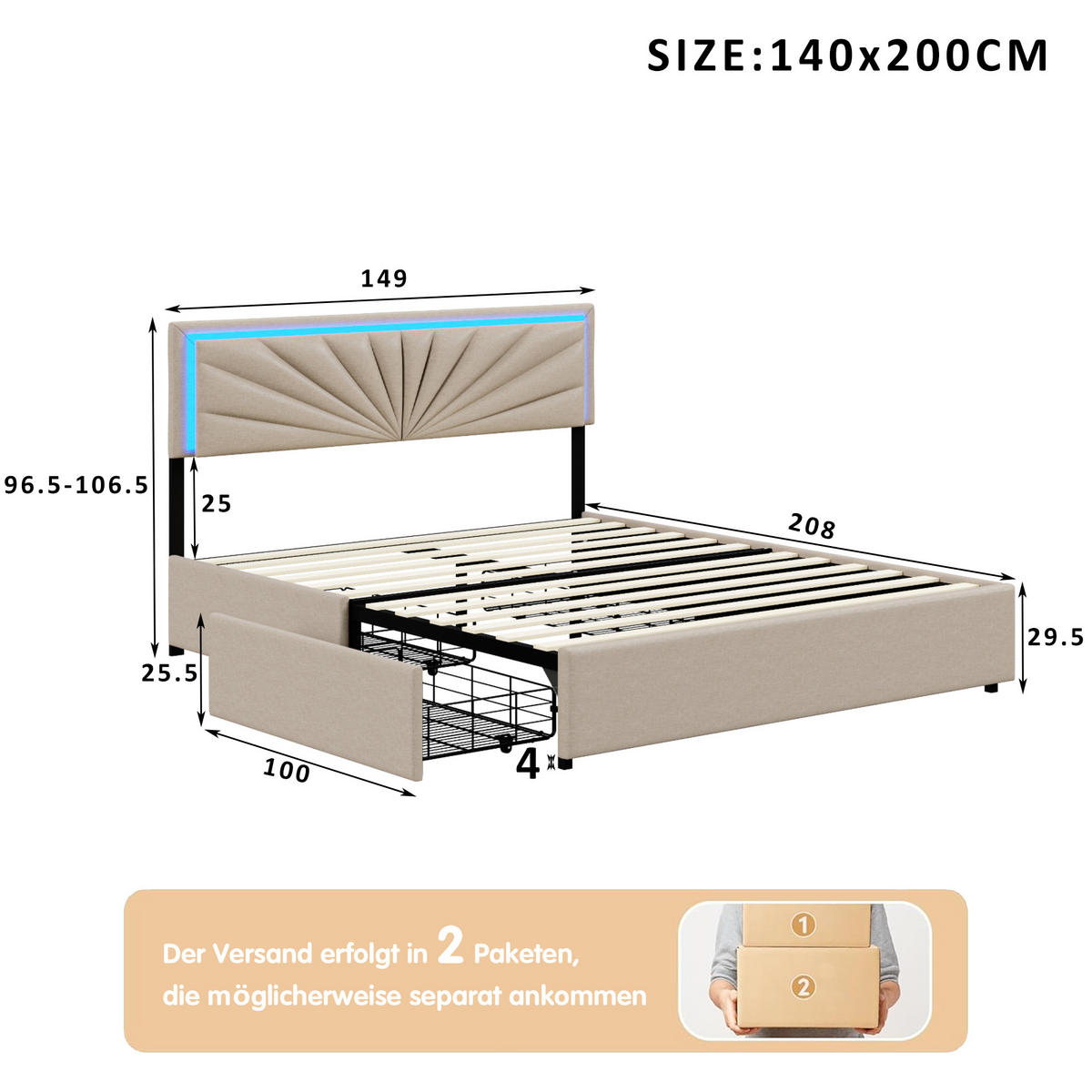 POLSTERBETT 140x200 cm, Beige, LED-Beleuchtung & 4 Schubladen - Beige, Textil/Metall (140/200cm)