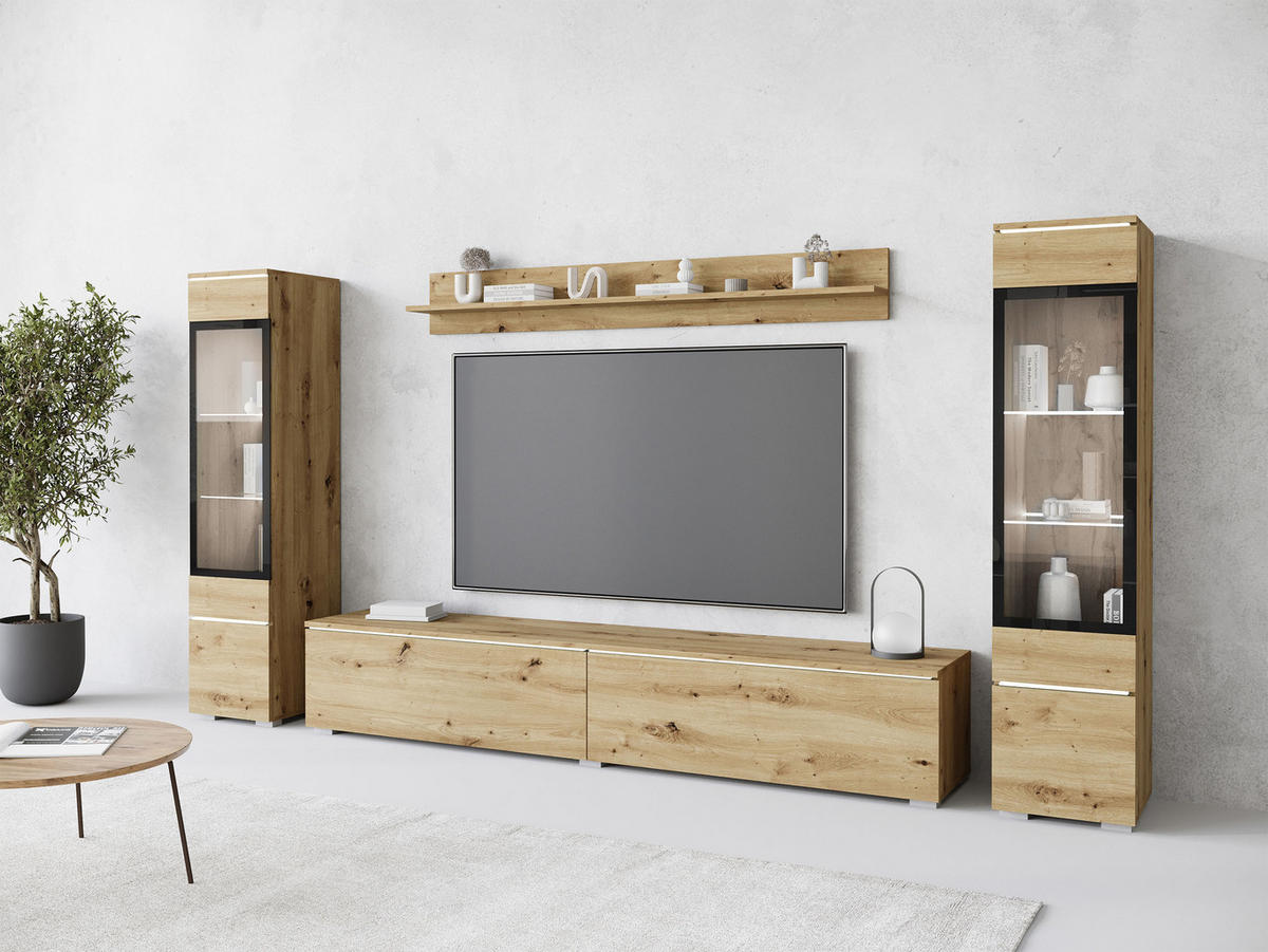 WOHNWAND Vera II mit weißer LED Beleuchtung - Eiche Artisan, Holzwerkstoff (30/130/33cm) - MIRJAN24