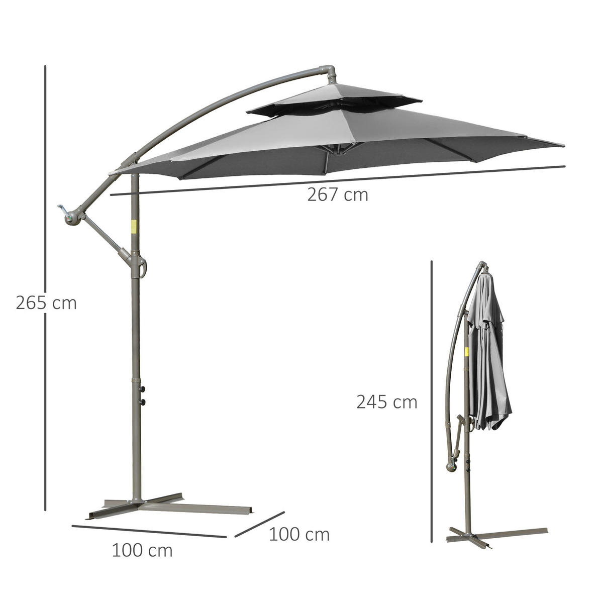 SONNENSCHIRM, Polyester, Stahl, Hellgrau - Hellgrau, Metall (2.67/2.67cm) - Outsunny