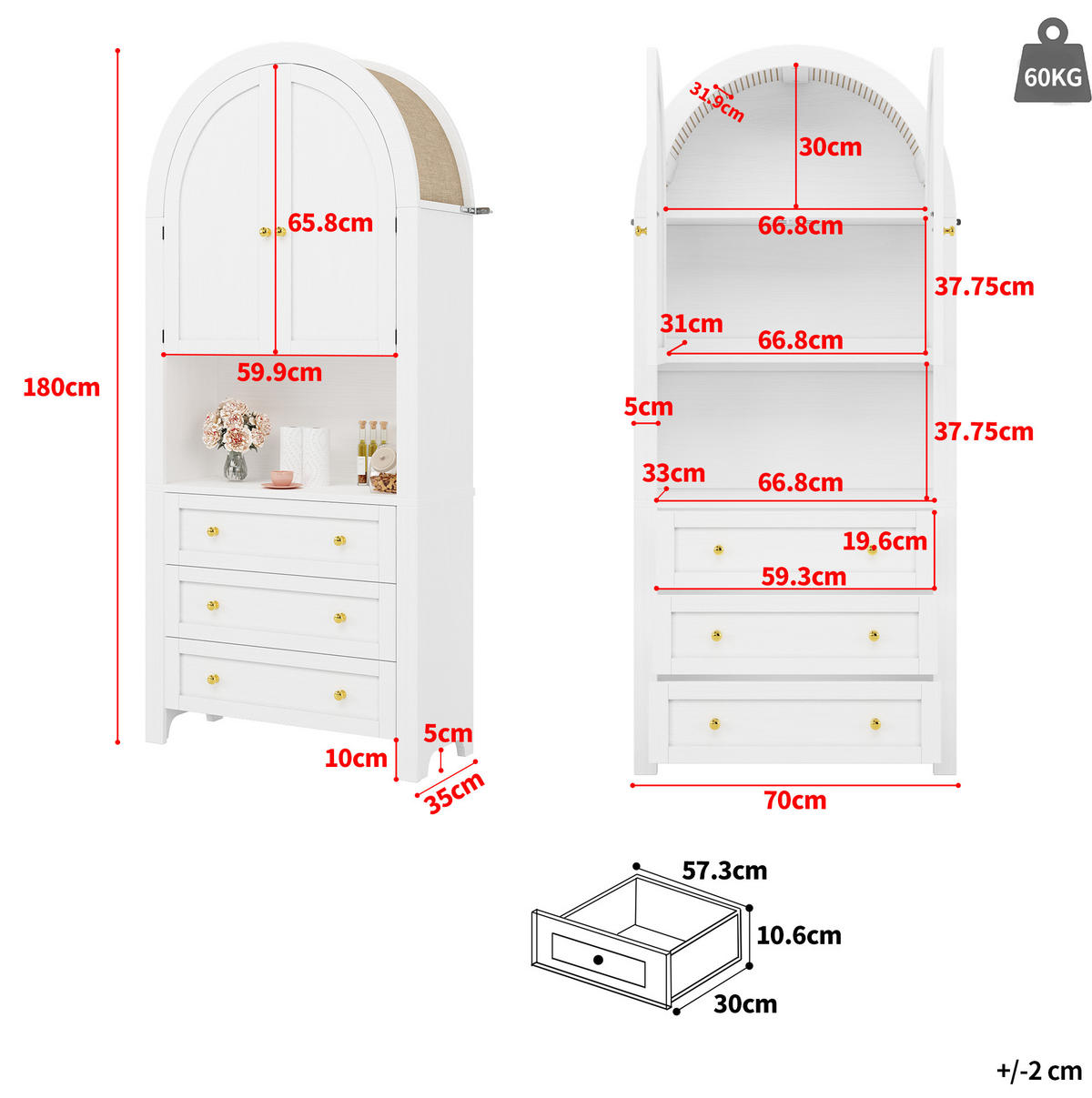 ANRICHTE Hochschrank 70/35/180 cm aus MDF mit 3 Schubladen und offenem Ausstellungsfach Weiß - Weiß, Holzwerkstoff (70/180/35cm) - Modenvie