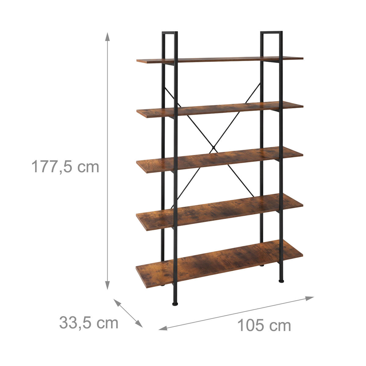 BÜCHERREGAL - Braun, Holzwerkstoff/Metall (33.5/177.5/105cm) - Relaxdays