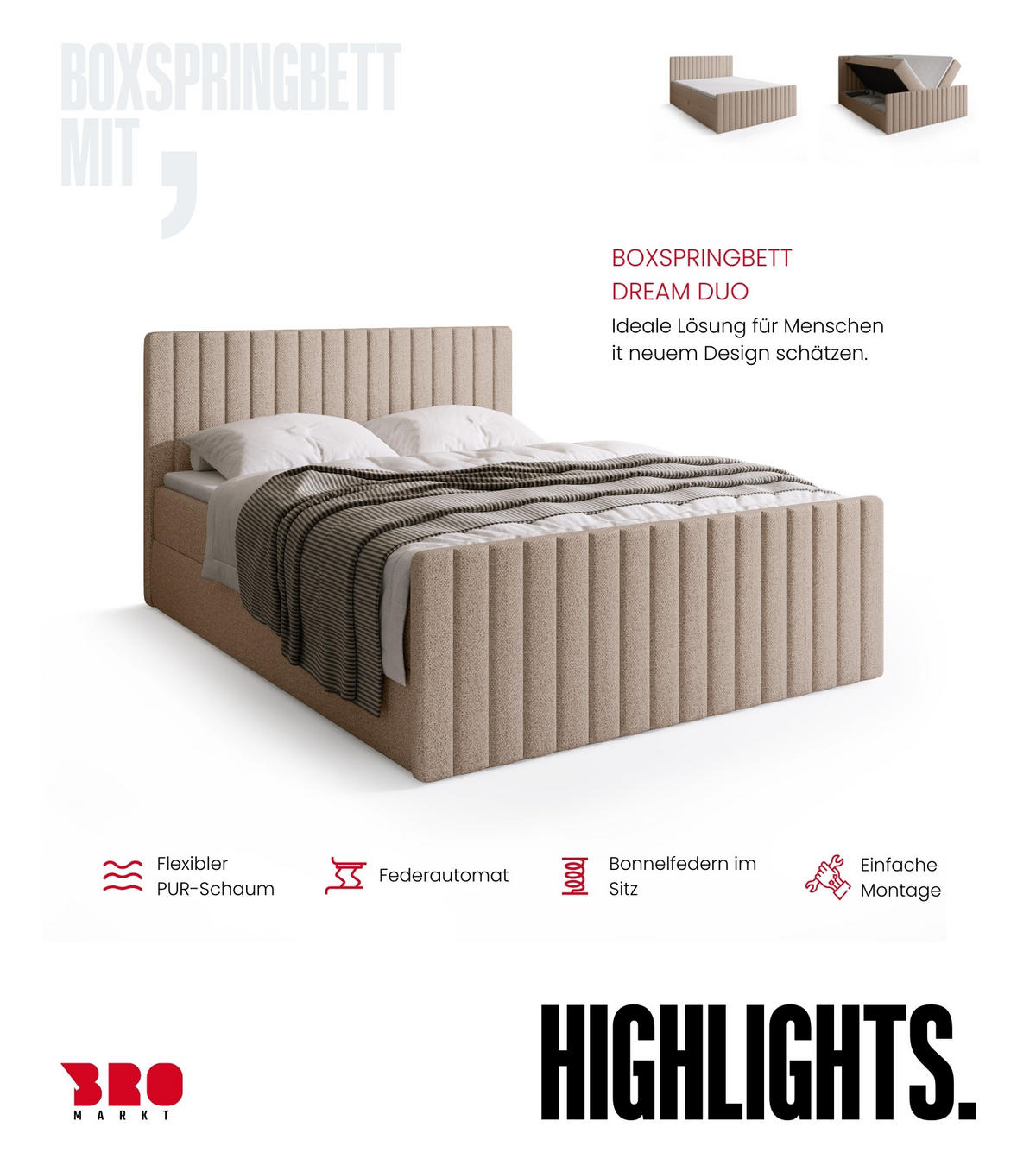BOXSPRINGBETT Dream Duo mit Topper 140/200 Creme - Creme, Kunststoff (140/200cm) - Bromarkt