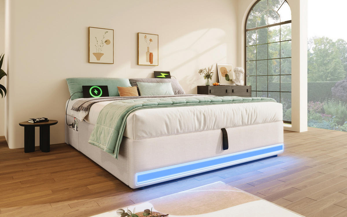 POLSTERBETT 140/200 cm Beige aus Leinen mit LED-Leiste und Bettkasten - Beige, Textil (140/200cm) - OKMYHOME