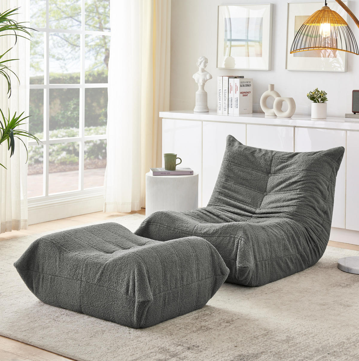 SCHLAFSESSEL mit Fußhocker Teddyfell Grau 2er-Set - Grau, Kunststoff (90/70/100cm) - Beauniv