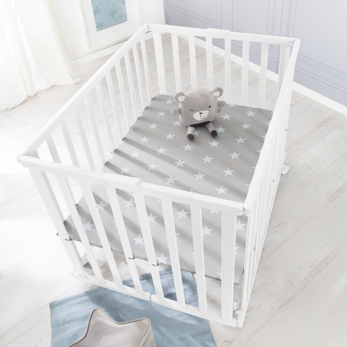 LAUFGITTER KLAPPBAR Little Stars - Weiß/Grau, Holzwerkstoff (74/72.5/100cm) - Roba