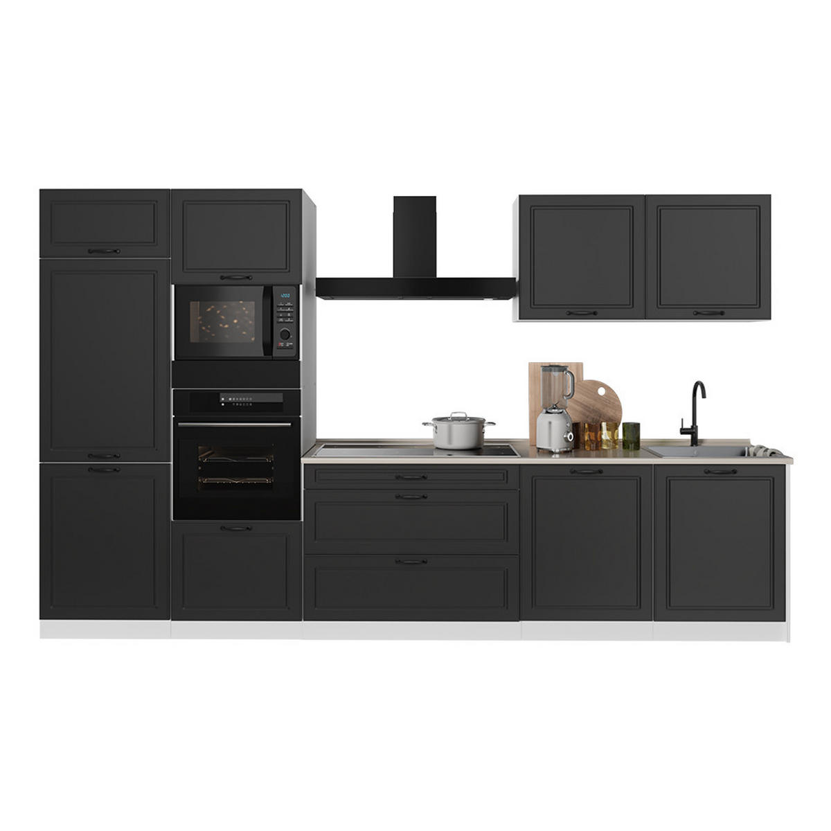 KÜCHENZEILE R-Line, Anthrazit Landhaus/Weiß, 340 cm Arbeitsplatte Anthrazit - Anthrazit/Weiß, Holzwerkstoff (340/206.8/60cm) - Vicco