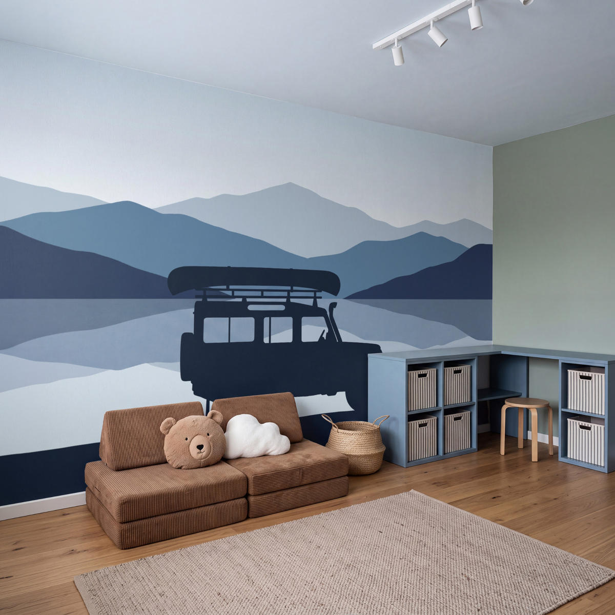KINDERTAPETE - Auto - See - Berge - Blau - 400x220 cm - Blaugrau, Papier (400/220cm) - OnlyWow