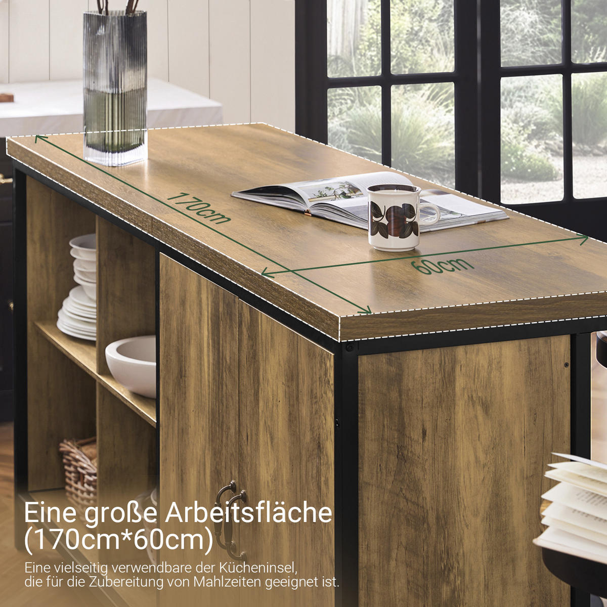 KÜCHENINSEL im Industrie-Design 170x89x60cm - Schwarz/Braun, Holzwerkstoff/Metall (170/89/60cm) - SoBuy