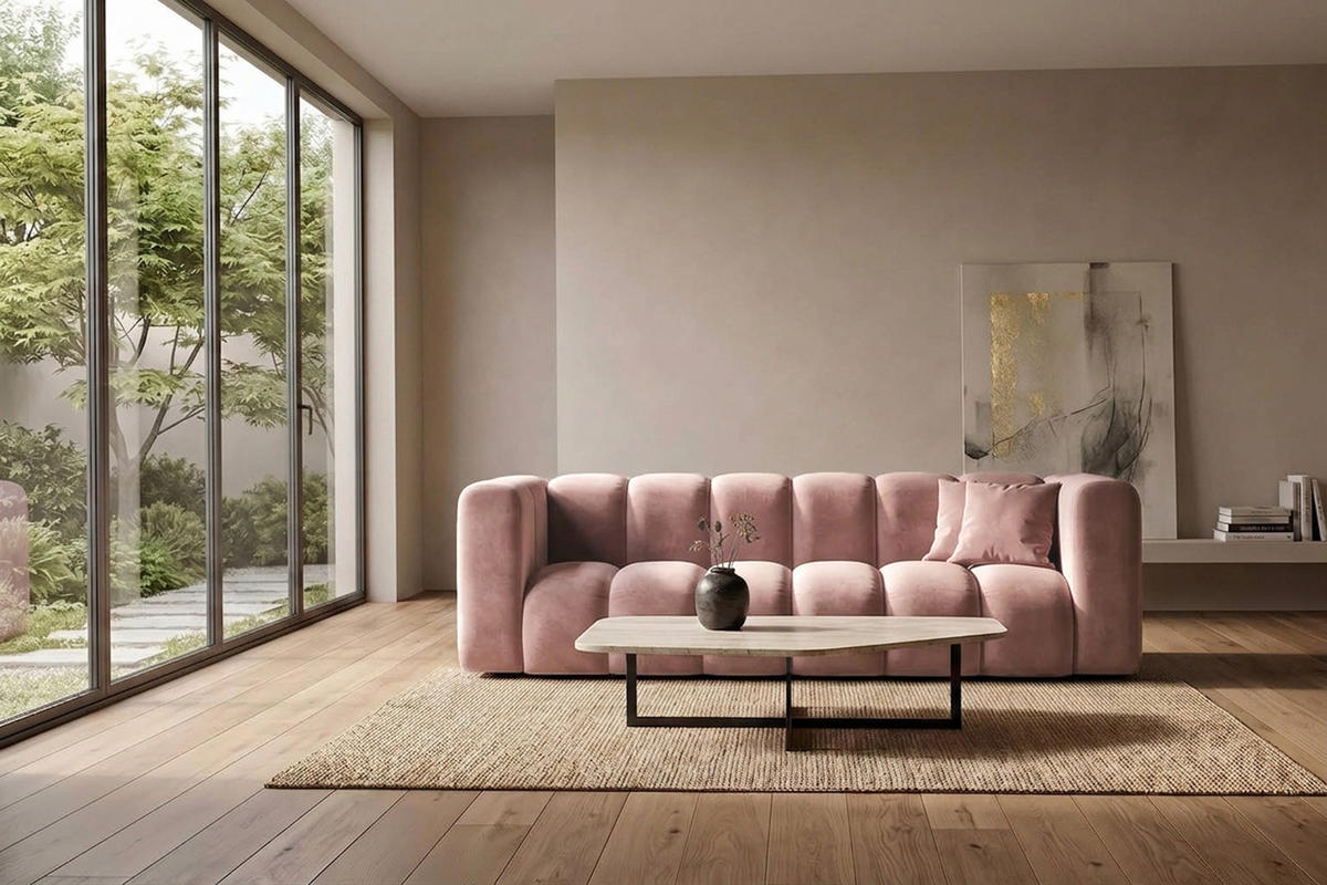 SOFA 3-Sitzer Modulares, Velvet-Stoff Riviera, Hellrosa, GRAND - Hellrosa, Holz (230/70/89cm) - Kaiser Möbel