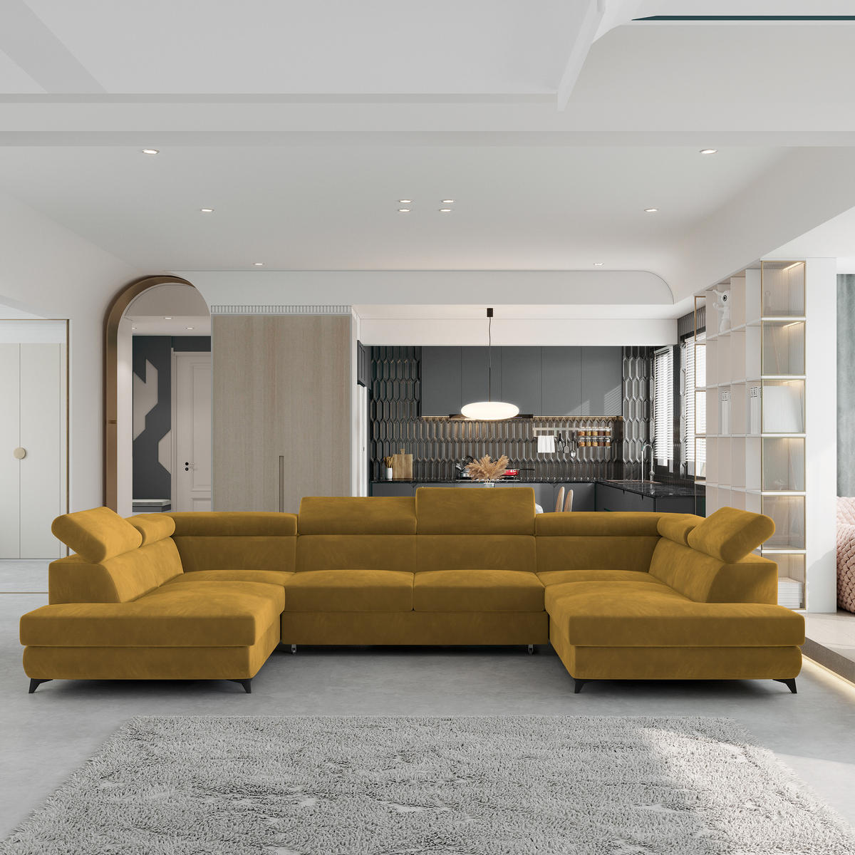 ROHOVÁ SEDAČKA VINTESSA žlutá - černá/žlutá, kov/dřevo (323/190cm) - MASSENO