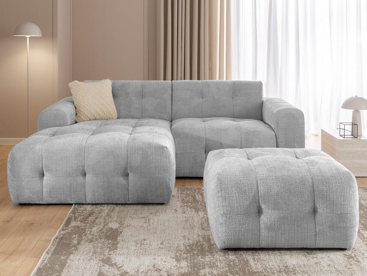 ECKSOFA inkl. Hocker Kozy im Bumpy-Design mit Schlaffunktion und fester Rückenlehne aus weichem Hellgrau Chenille-Stoff - Ottomane links - Hellgrau/Schwarz, Holz/Kunststoff (161/234cm) - S-Style Möbel