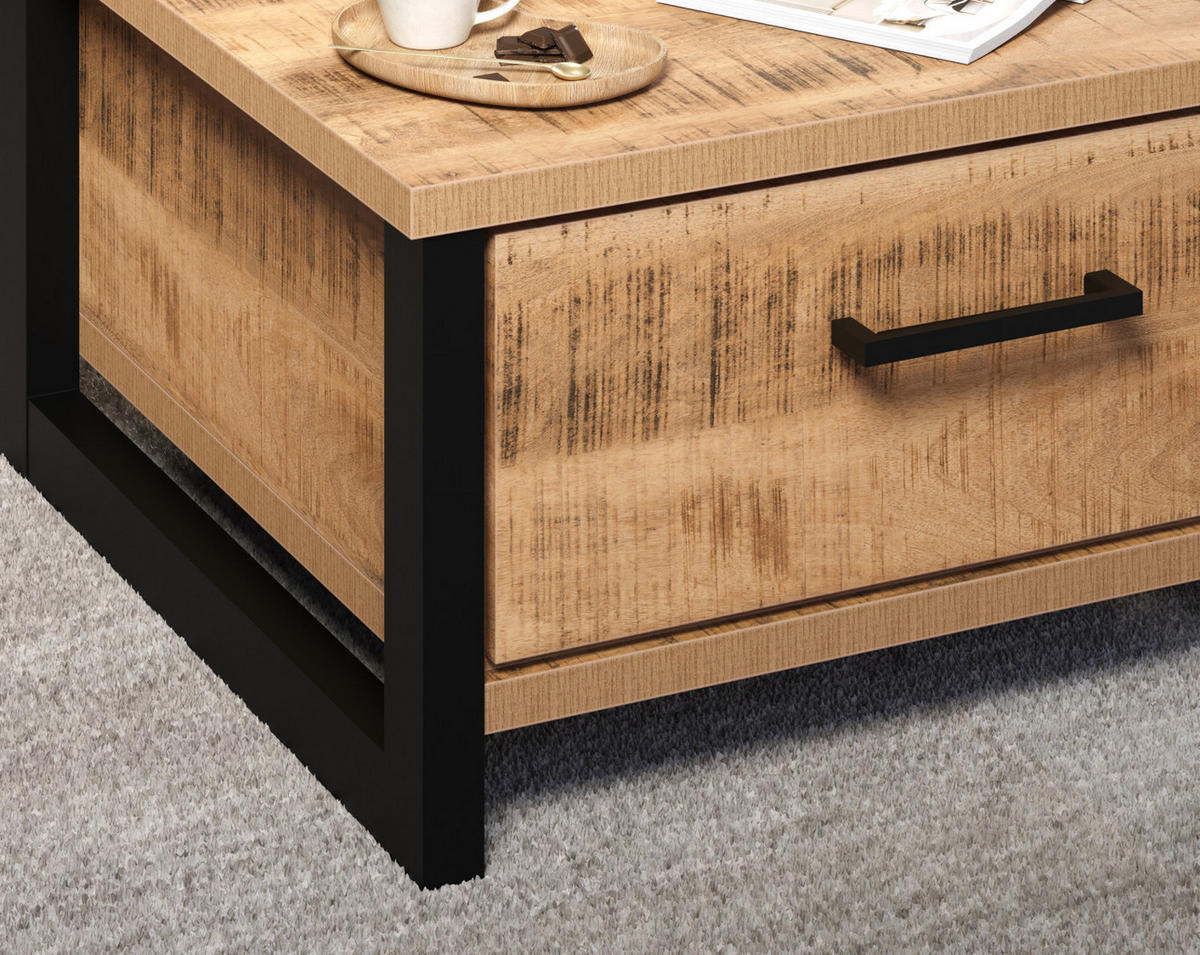 COUCHTISCH Mango, schwarz quadratisch 80 x 80 cm, Beistelltisch mit zwei Schubladen - Schwarz/Naturfarben, Holzwerkstoff/Kunststoff (80/80/45cm) - Top.Furn