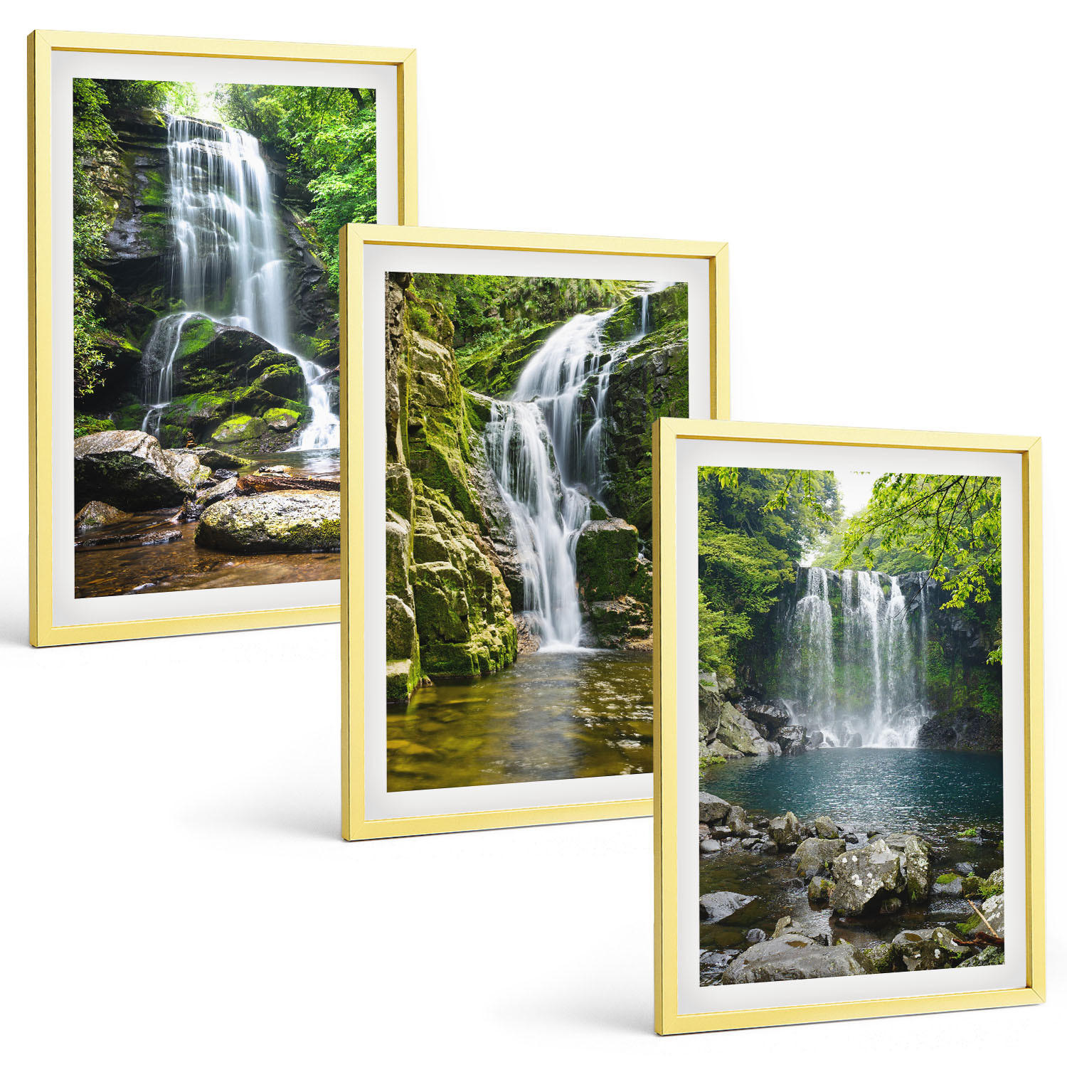 BILDER SET 3er Set - 40x60 cm Goldrahmen - Wasserfälle, grüne Umgebung - Goldfarben, Kunststoff (40/60cm) - TULUP